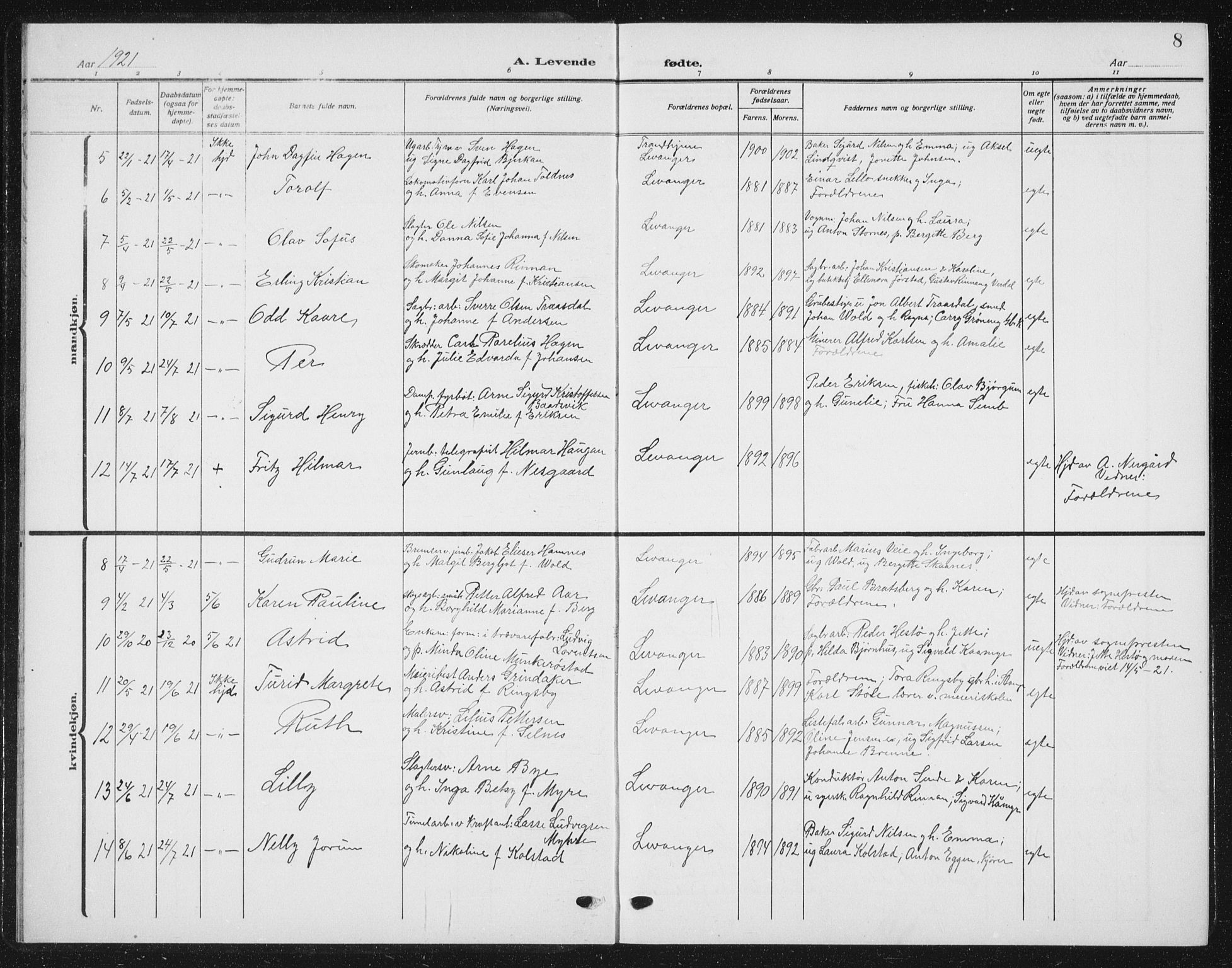 Ministerialprotokoller, klokkerbøker og fødselsregistre - Nord-Trøndelag, SAT/A-1458/720/L0193: Parish register (copy) no. 720C02, 1918-1941, p. 8