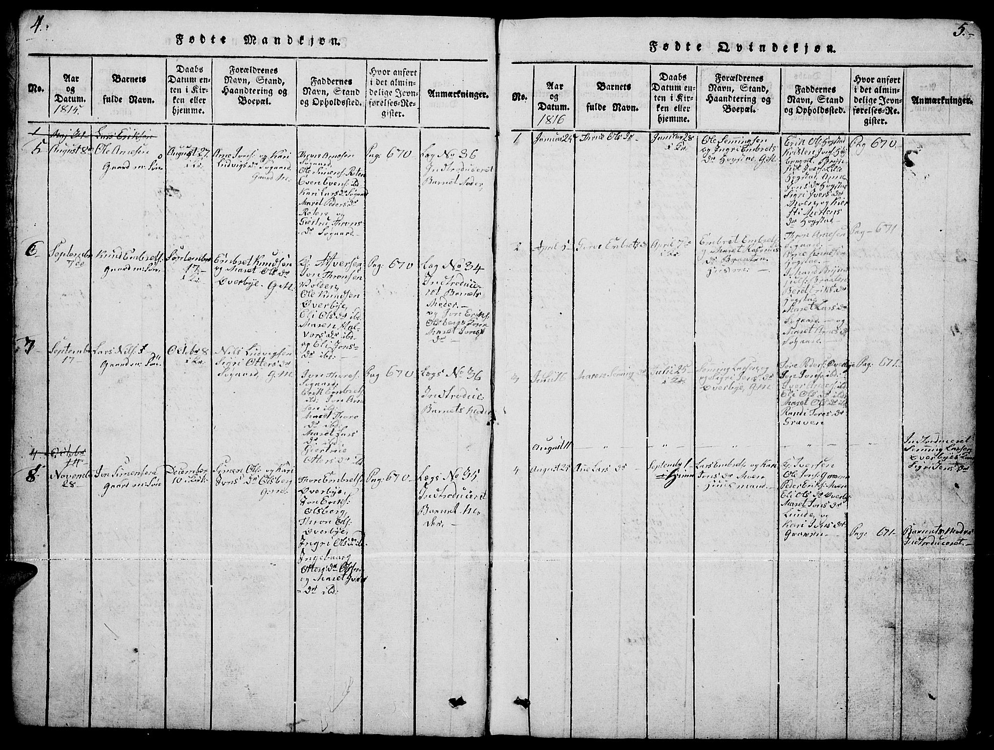 Tynset prestekontor, SAH/PREST-058/H/Ha/Hab/L0004: Parish register (copy) no. 4, 1814-1879, p. 4-5