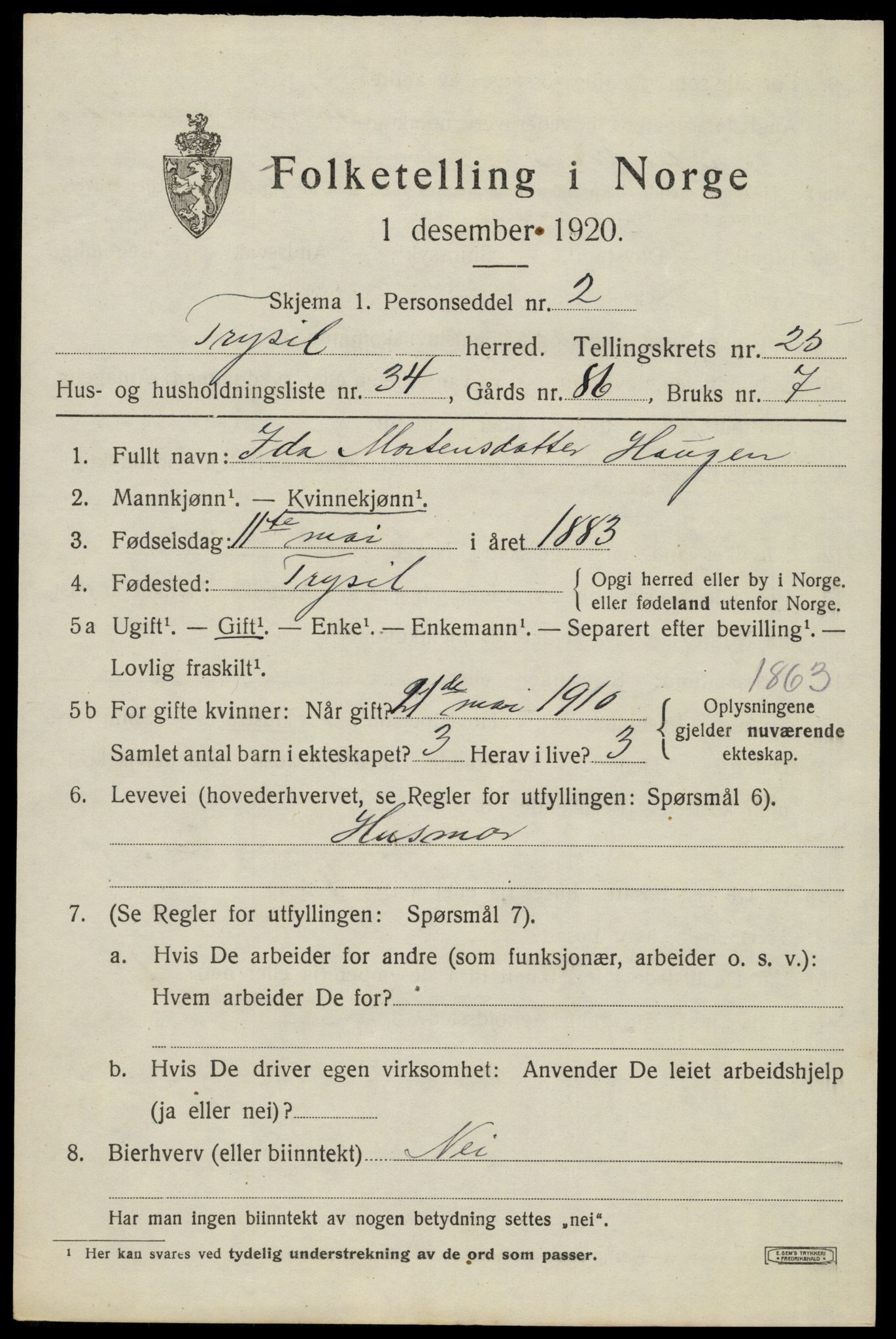 SAH, 1920 census for Trysil, 1920, p. 16095