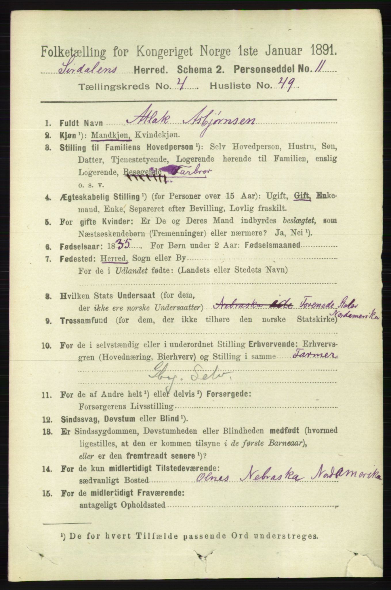 RA, 1891 census for 1046 Sirdal, 1891, p. 1254