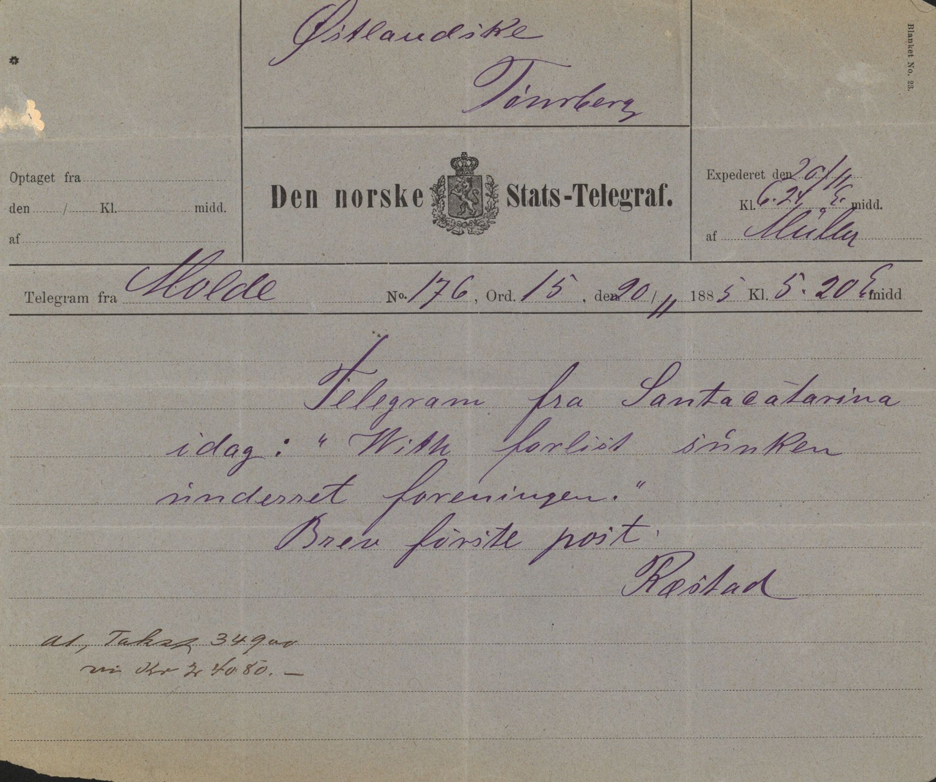 Pa 63 - Østlandske skibsassuranceforening, VEMU/A-1079/G/Ga/L0018/0006: Havaridokumenter / Johannes Rød, Harmonica, B.M. Width, Aron, Tre Brødre, 1885, p. 10