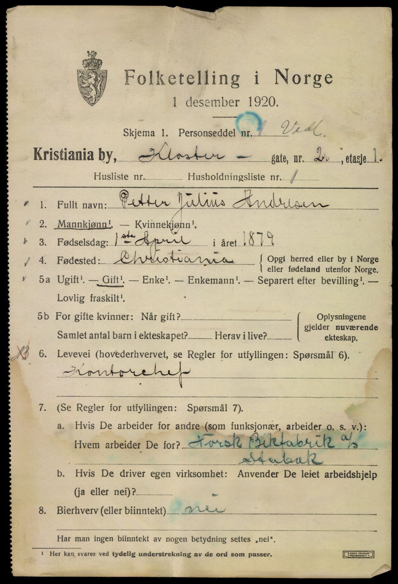 SAO, 1920 census for Kristiania, 1920, p. 344967