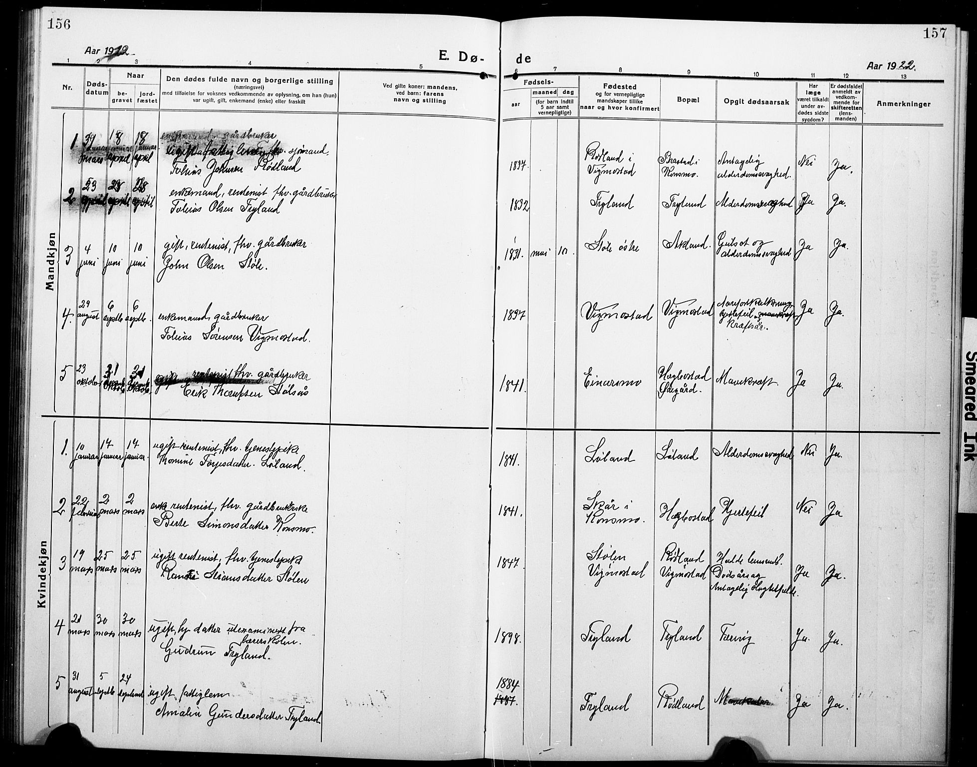 Nord-Audnedal sokneprestkontor, SAK/1111-0032/F/Fb/Fbb/L0005: Parish register (copy) no. B 5, 1918-1929, p. 156-157