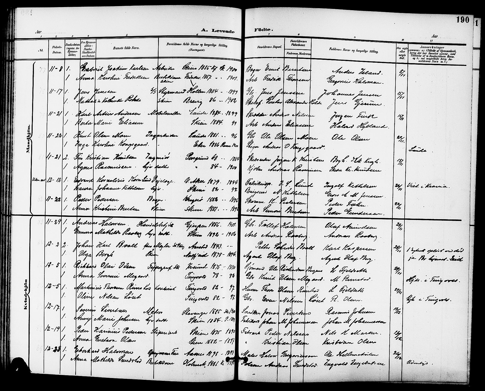 Skien kirkebøker, SAKO/A-302/G/Ga/L0008: Parish register (copy) no. 8, 1900-1910, p. 190