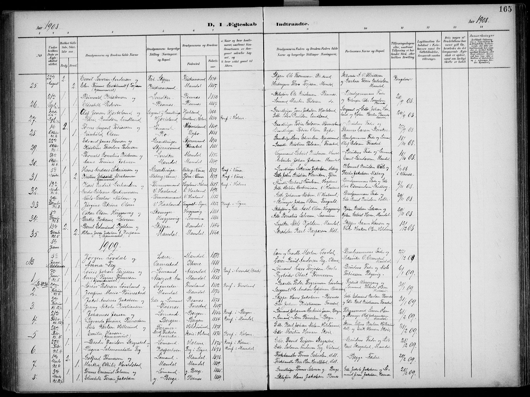 Mandal sokneprestkontor, AV/SAK-1111-0030/F/Fb/Fba/L0012: Parish register (copy) no. B 6, 1899-1918, p. 165