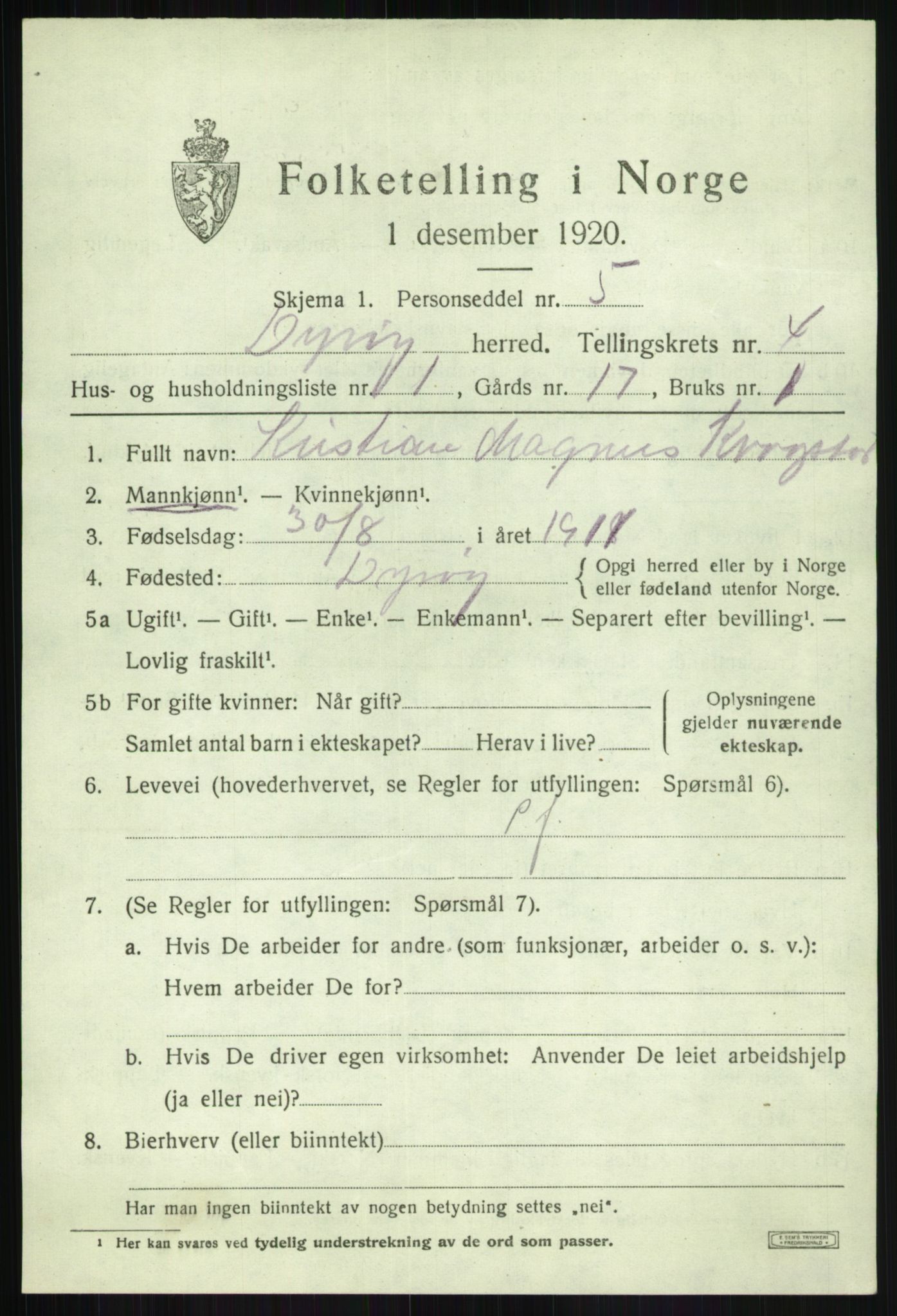 SATØ, 1920 census for Dyrøy, 1920, p. 2193