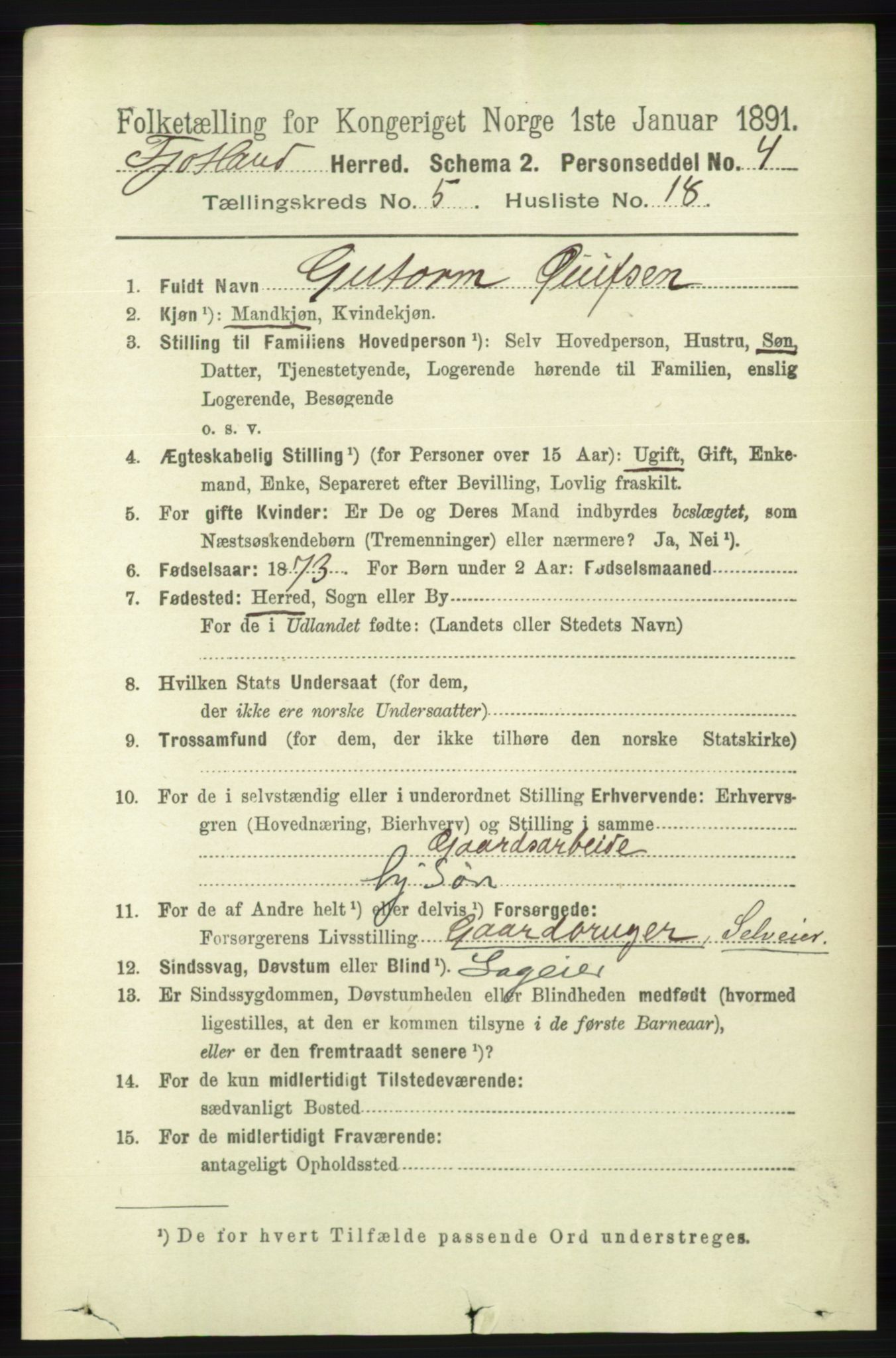 RA, 1891 census for 1036 Fjotland, 1891, p. 829