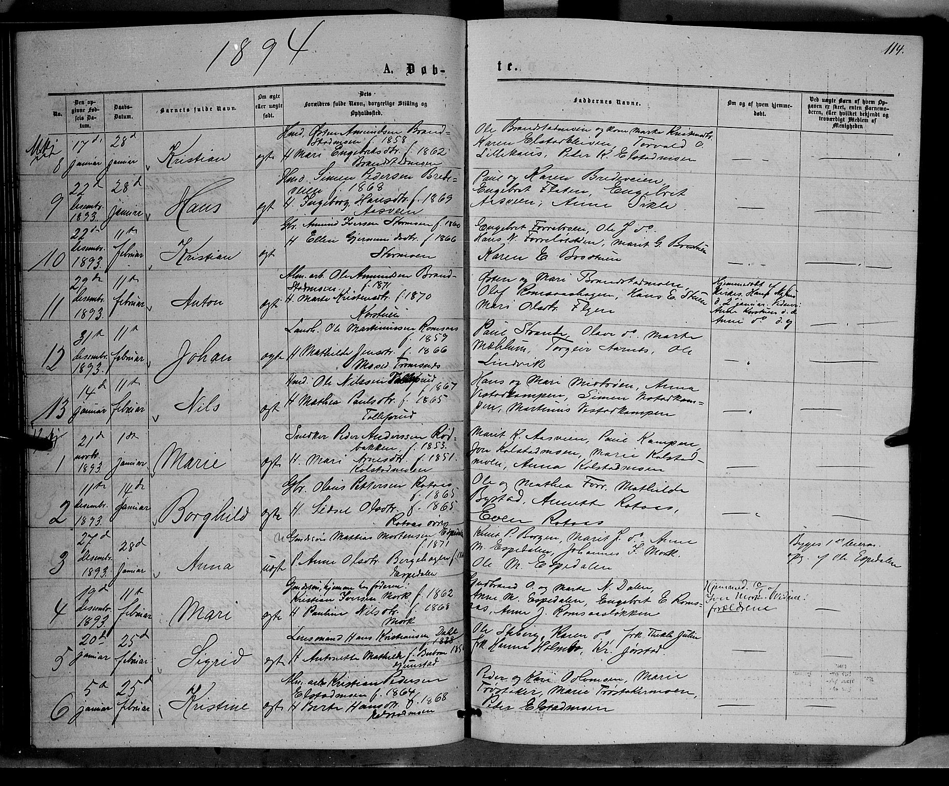 Ringebu prestekontor, SAH/PREST-082/H/Ha/Hab/L0006: Parish register (copy) no. 6, 1880-1898, p. 114