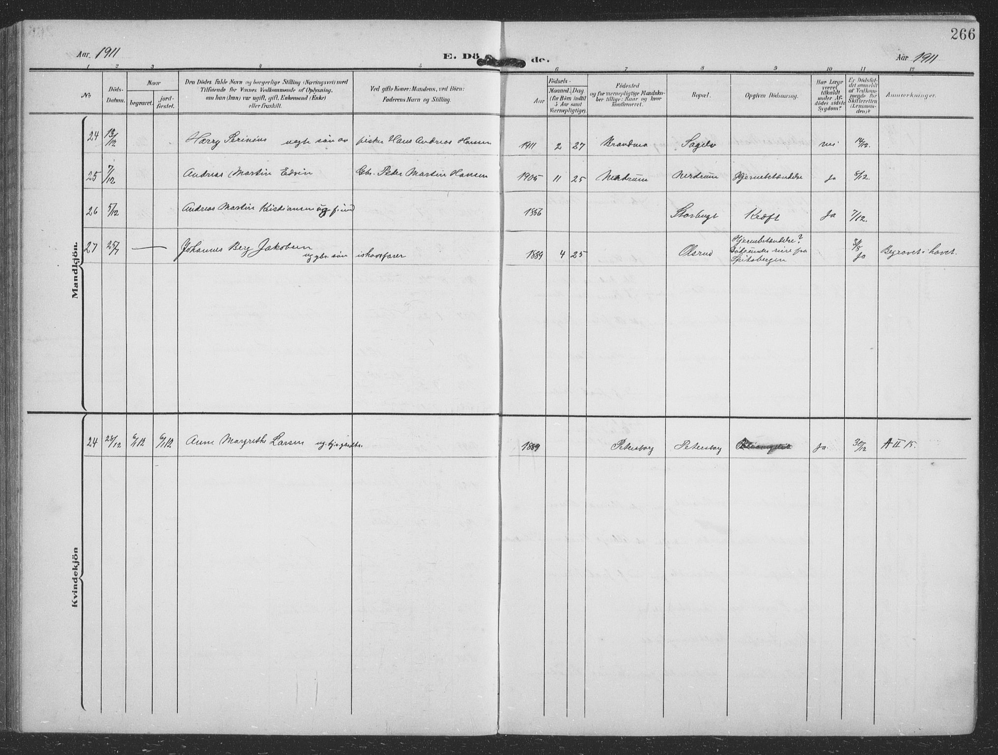 Balsfjord sokneprestembete, SATØ/S-1303/G/Ga/L0009klokker: Parish register (copy) no. 9, 1906-1920, p. 266