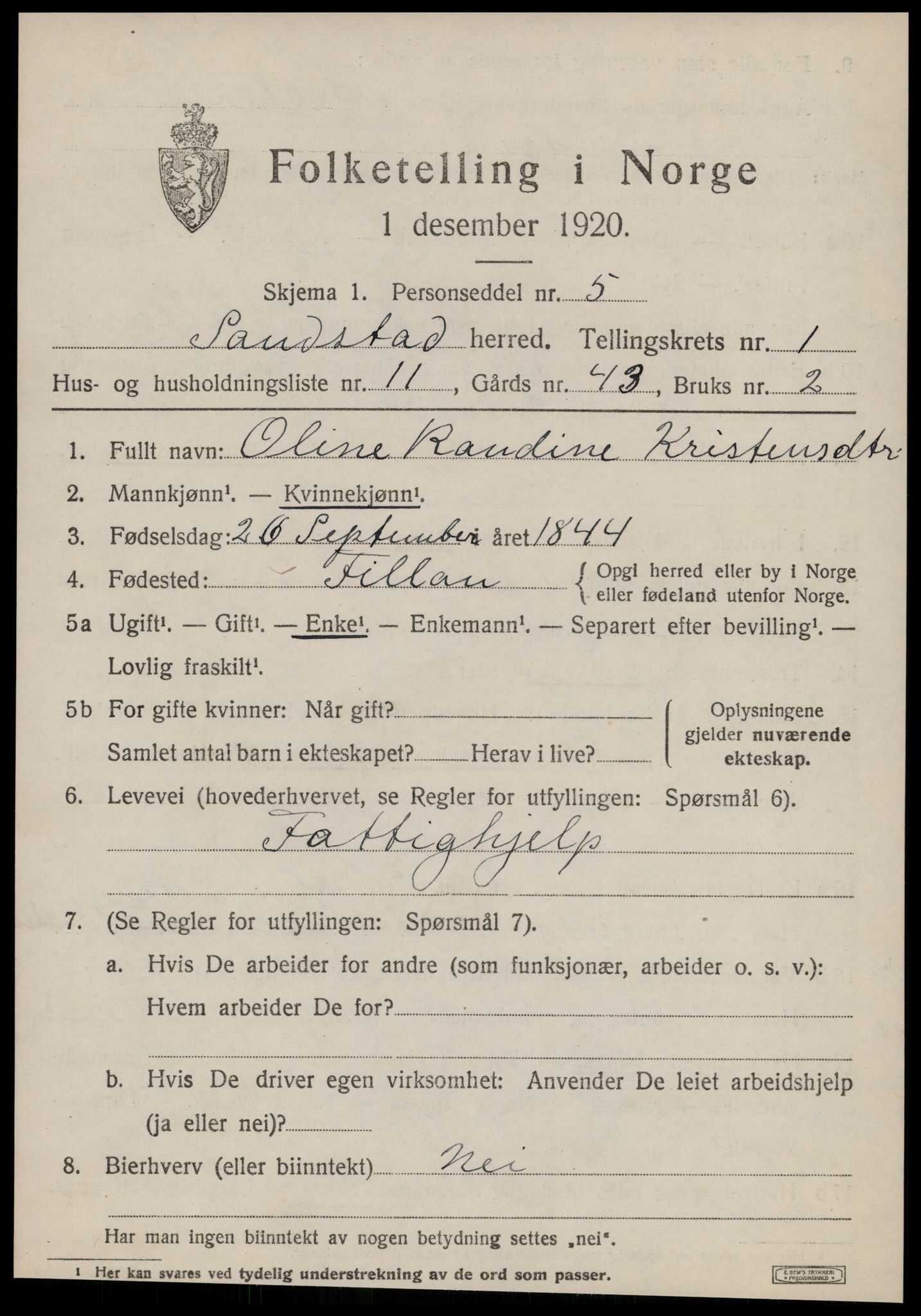 SAT, 1920 census for Sandstad, 1920, p. 523