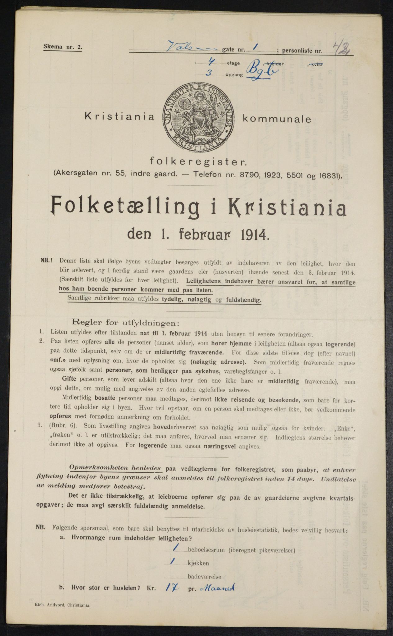 OBA, Municipal Census 1914 for Kristiania, 1914, p. 122409