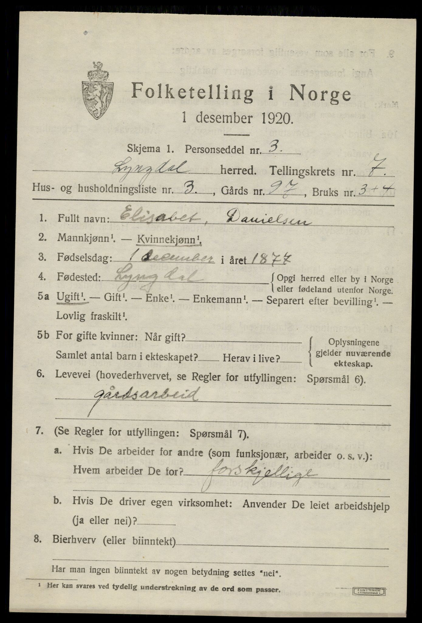 SAK, 1920 census for Lyngdal, 1920, p. 3939