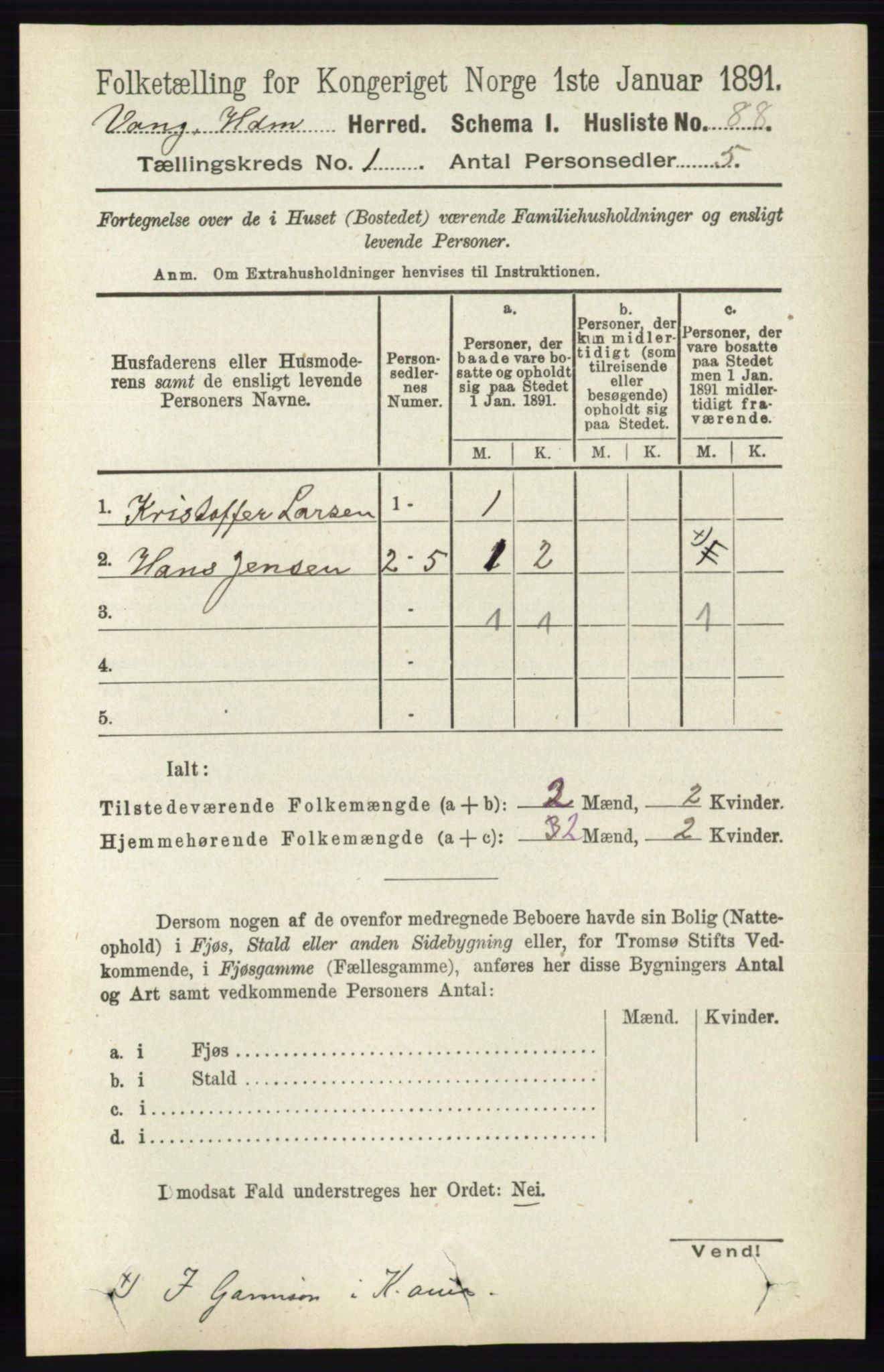 RA, 1891 census for 0414 Vang, 1891, p. 137