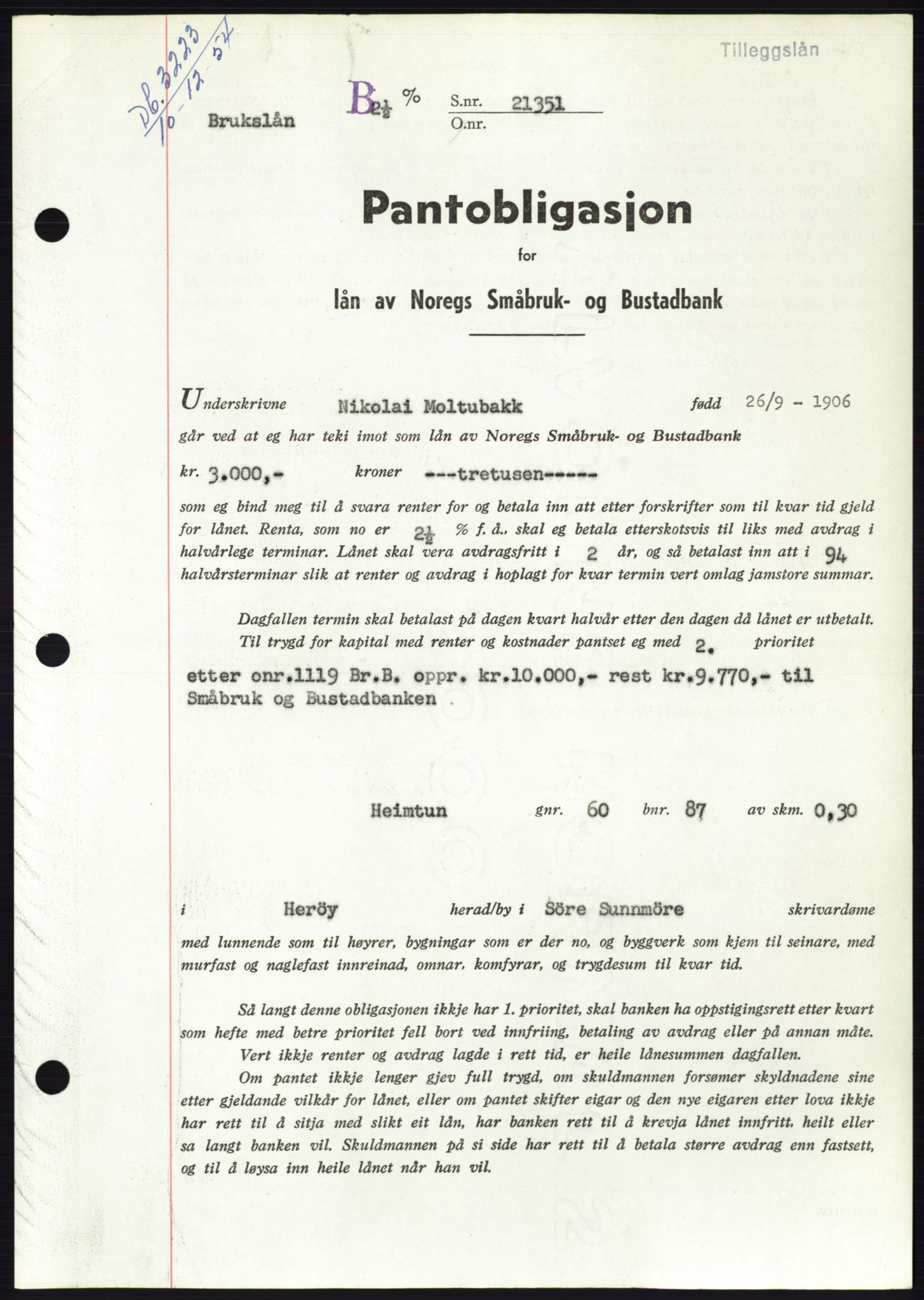 Søre Sunnmøre sorenskriveri, AV/SAT-A-4122/1/2/2C/L0126: Mortgage book no. 14B, 1954-1955, Diary no: : 3223/1954