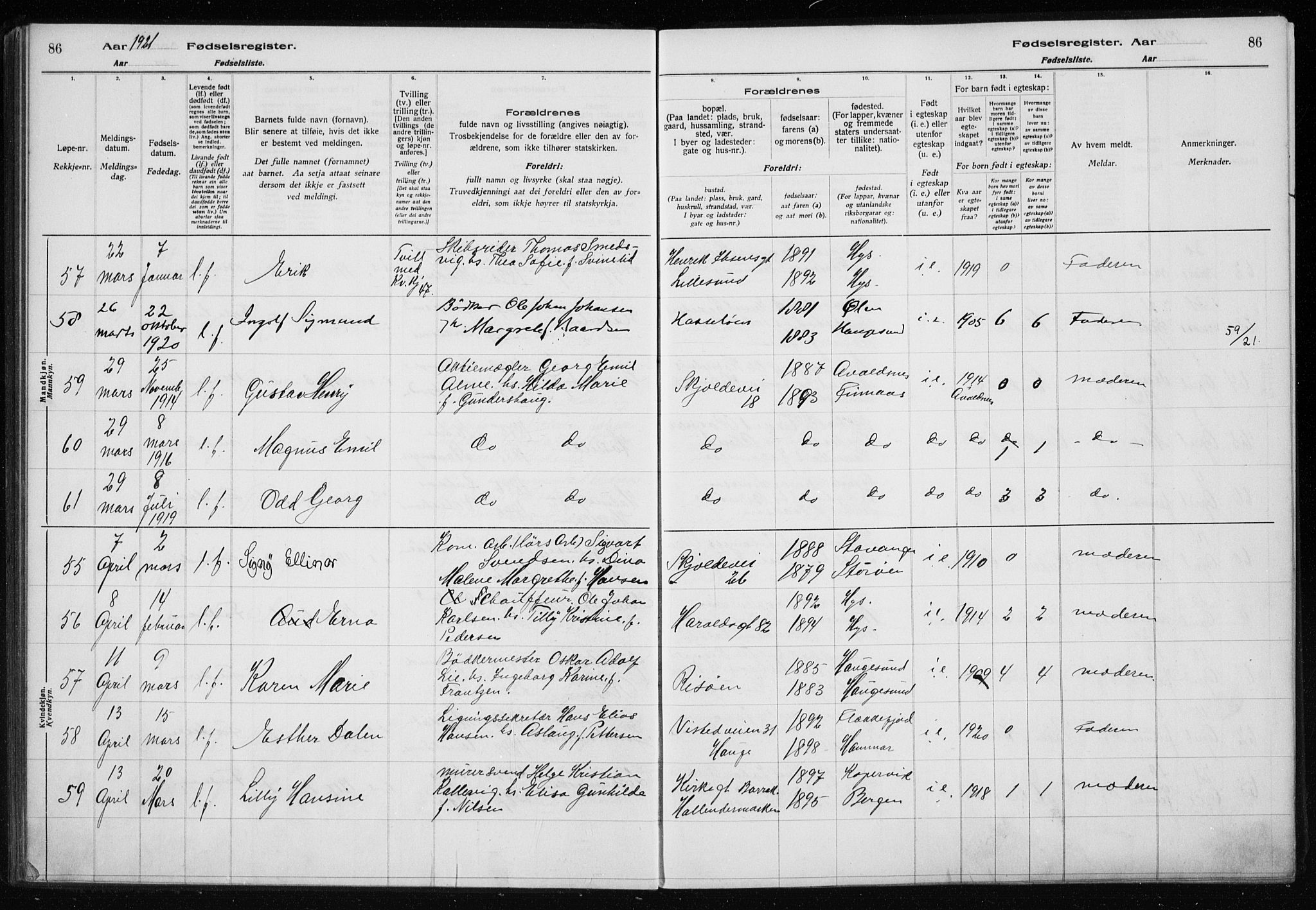 Haugesund sokneprestkontor, SAST/A -101863/I/Id/L0004: Birth register no. 2, 1919-1923, p. 86