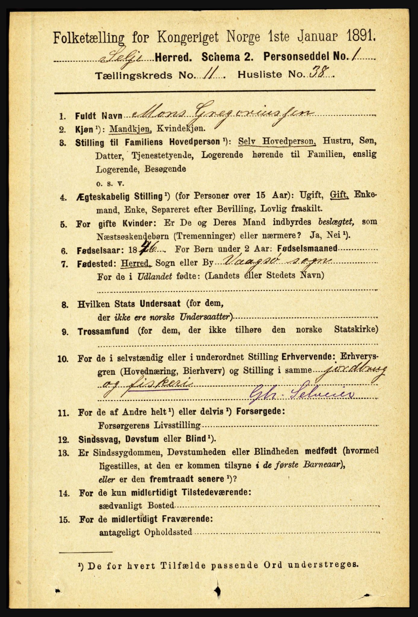 RA, 1891 census for 1441 Selje, 1891, p. 3618