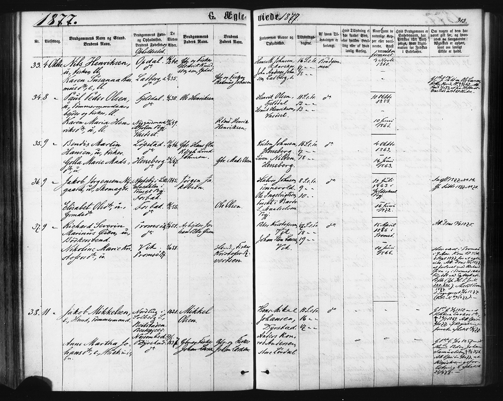 Ibestad sokneprestembete, SATØ/S-0077/H/Ha/Haa/L0010kirke: Parish register (official) no. 10, 1869-1879, p. 313