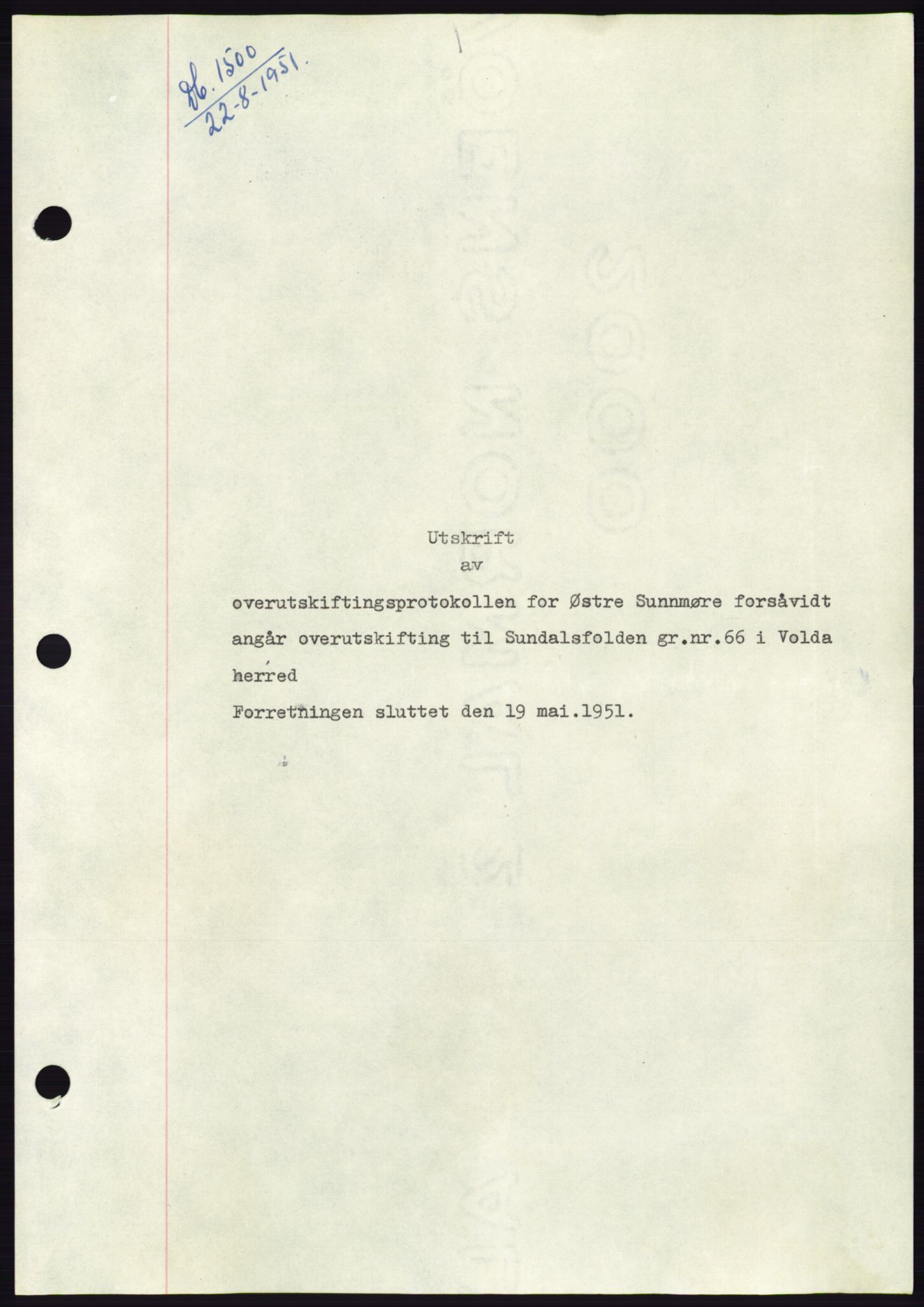 Søre Sunnmøre sorenskriveri, AV/SAT-A-4122/1/2/2C/L0089: Mortgage book no. 15A, 1951-1951, Diary no: : 1500/1951