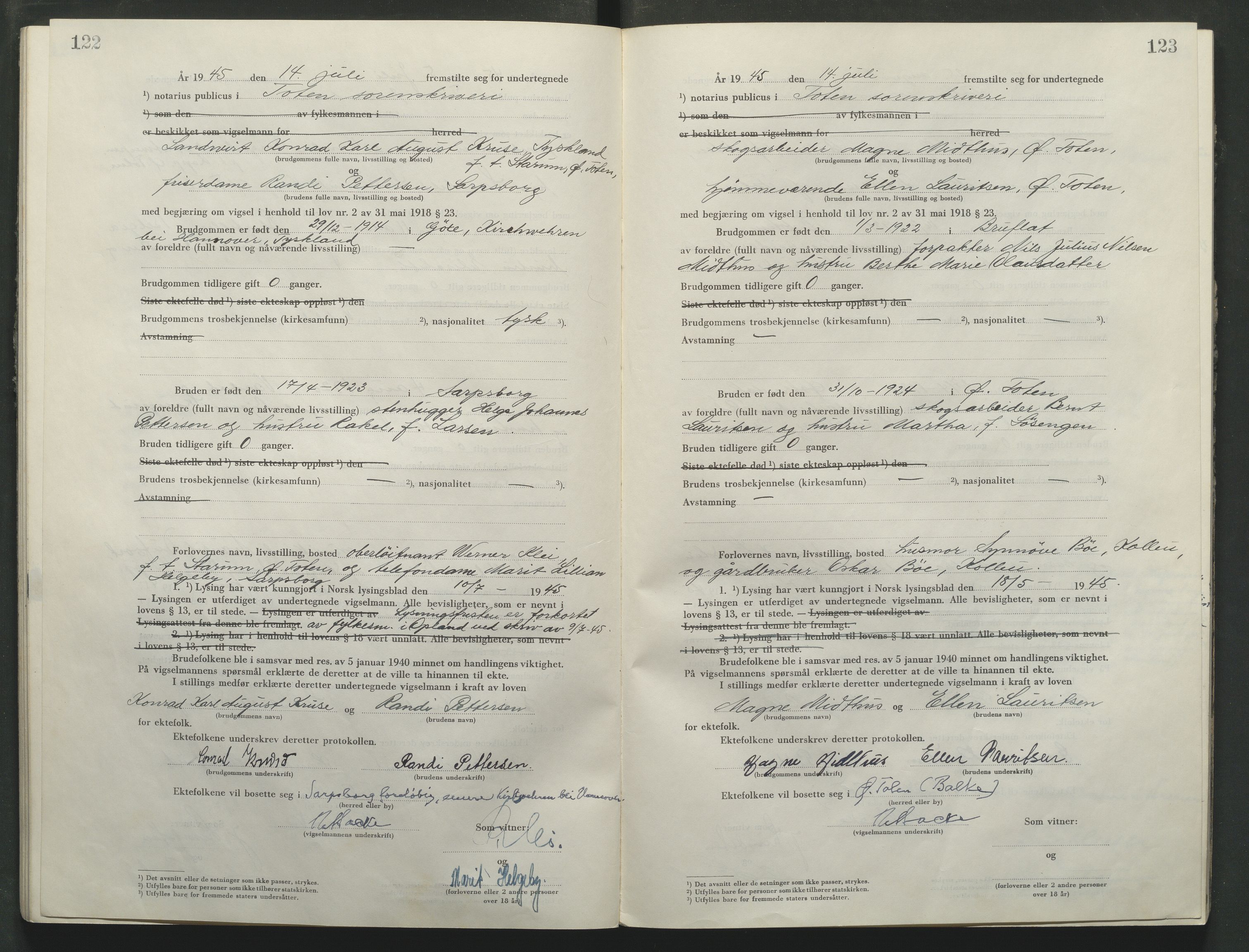 Toten tingrett, AV/SAH-TING-006/L/Lc/L0005: Vigselbok, 1944-1948, p. 122-123
