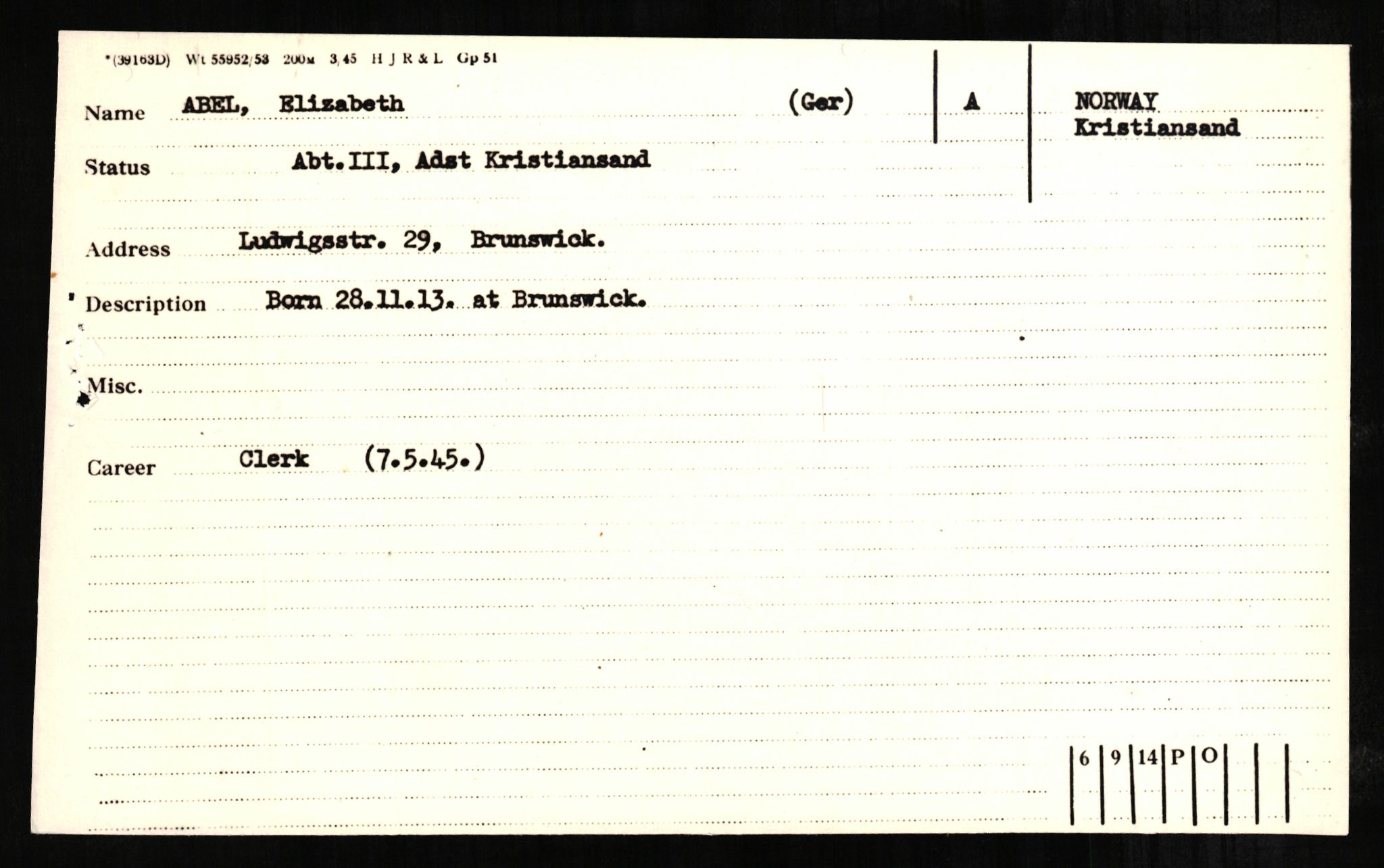 Forsvaret, Forsvarets overkommando II, AV/RA-RAFA-3915/D/Db/L0001: CI Questionaires. Tyske okkupasjonsstyrker i Norge. Tyskere., 1945-1946, p. 3