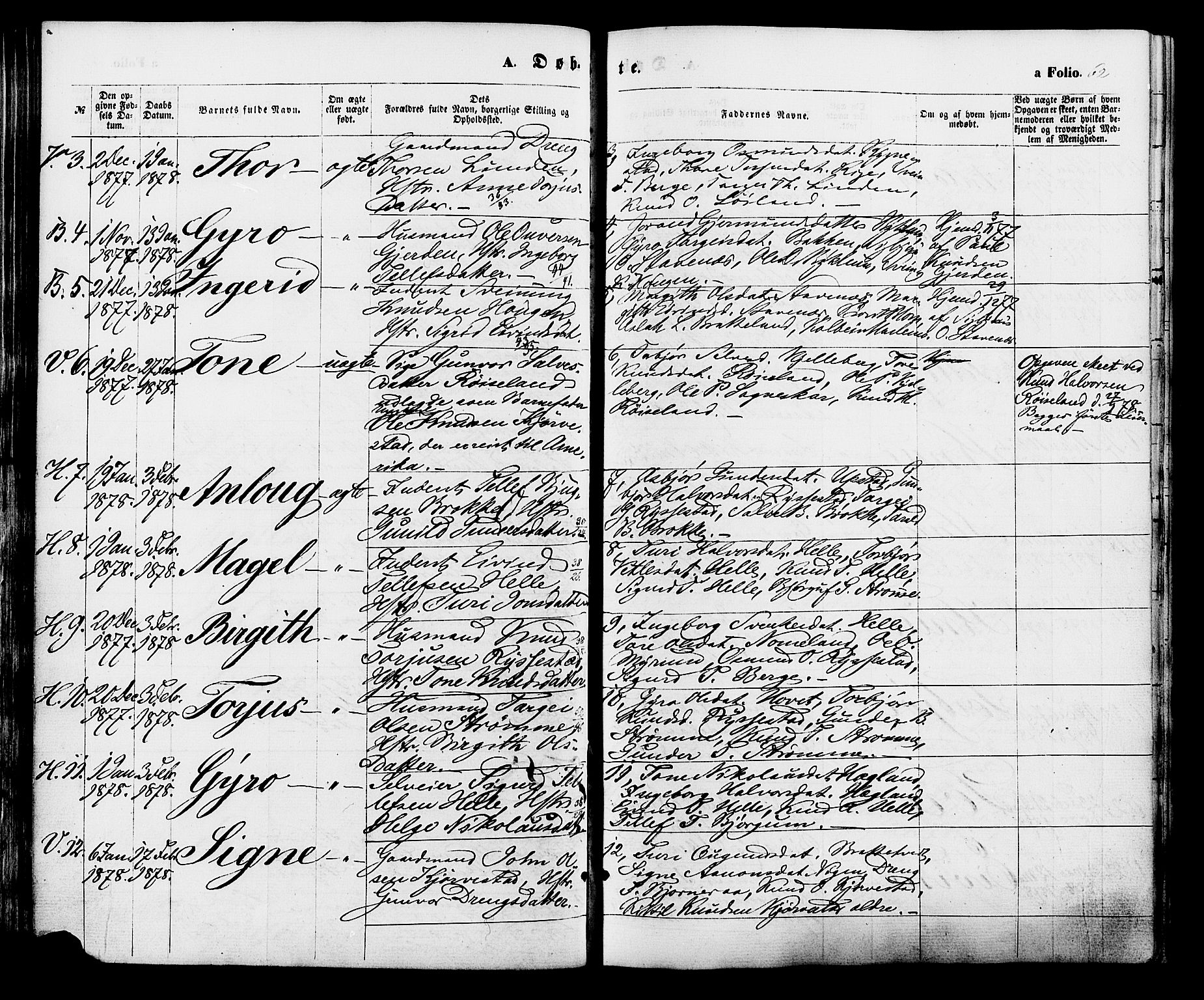 Valle sokneprestkontor, SAK/1111-0044/F/Fa/Fac/L0008: Parish register (official) no. A 8, 1868-1882, p. 62