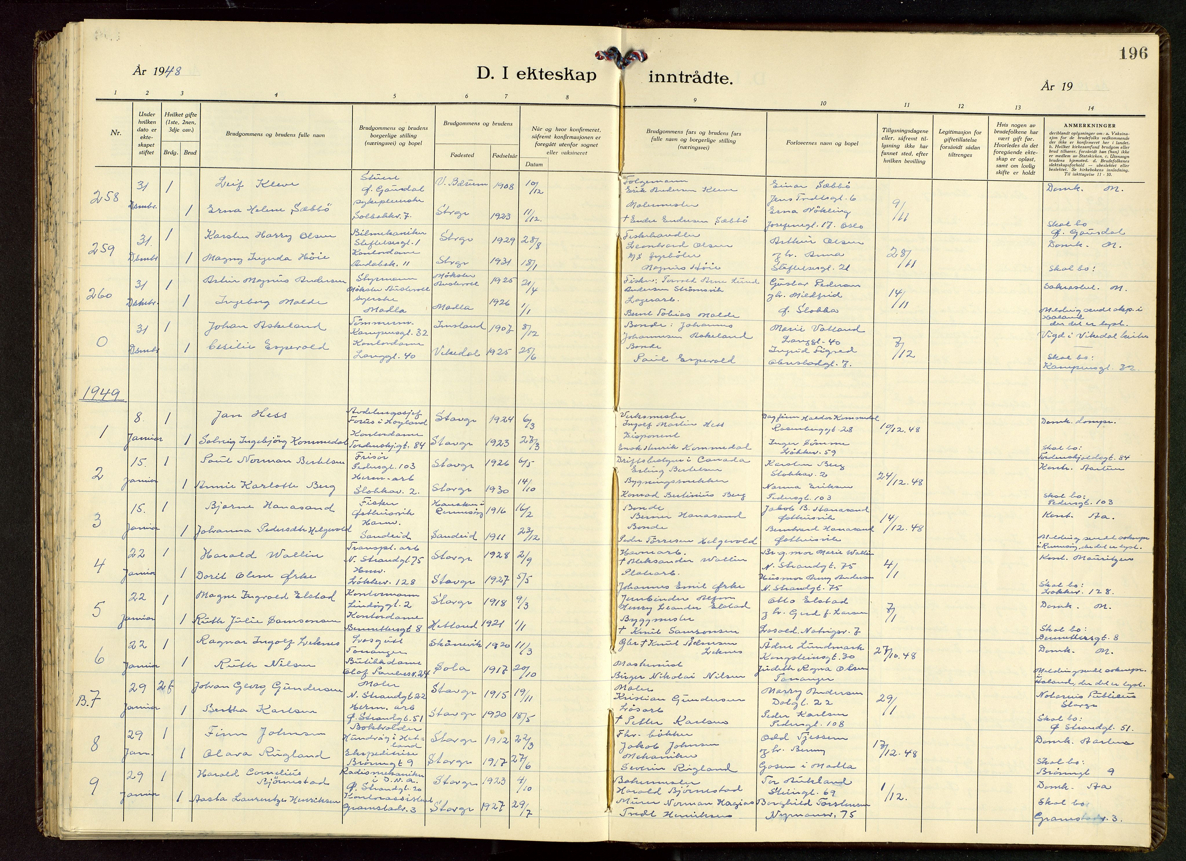 Domkirken sokneprestkontor, AV/SAST-A-101812/001/30/30BB/L0022: Parish register (copy) no. B 22, 1937-1949, p. 196