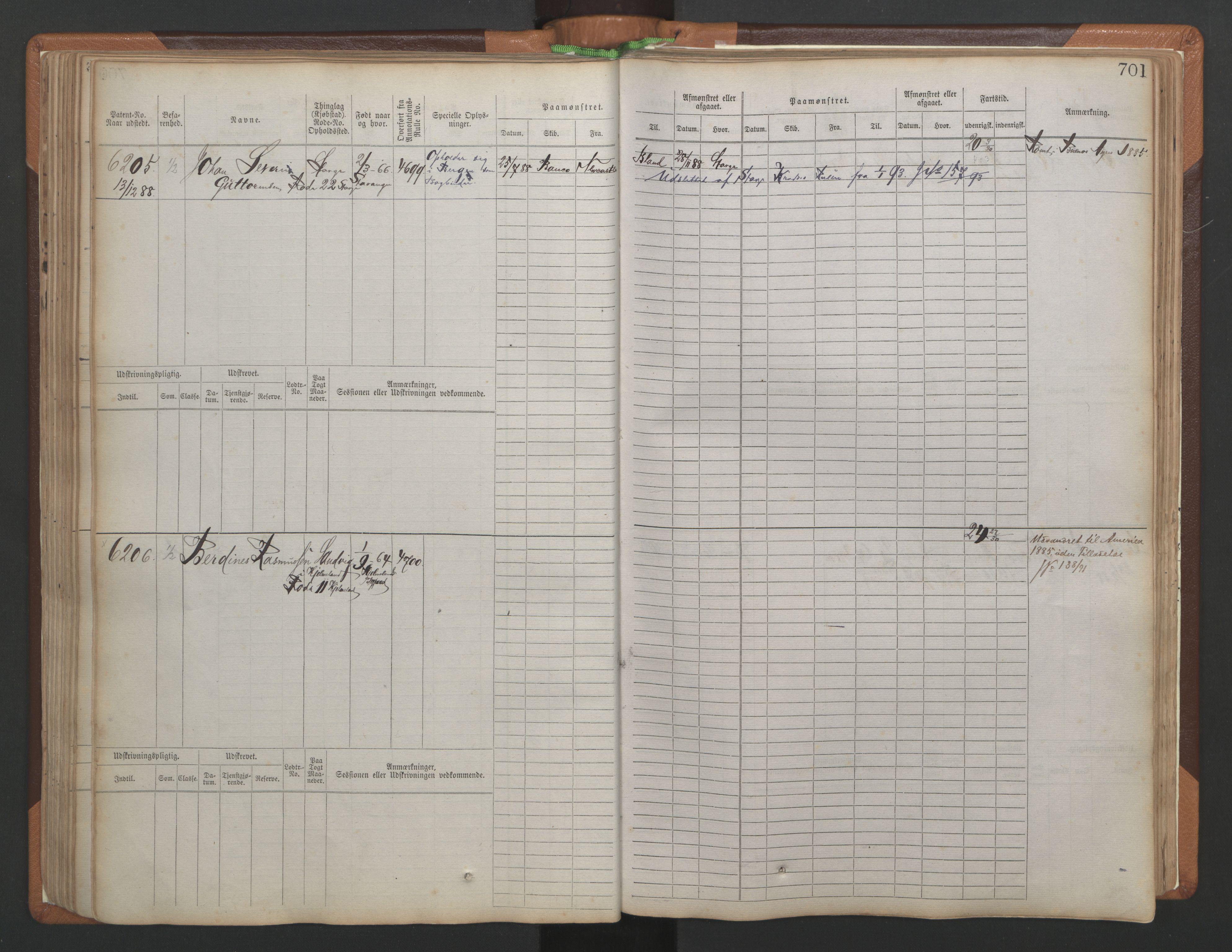 Stavanger sjømannskontor, AV/SAST-A-102006/F/Fb/Fbb/L0010: Sjøfartshovedrulle, patentnr. 6007-6606 (del 1), 1887-1896, p. 105