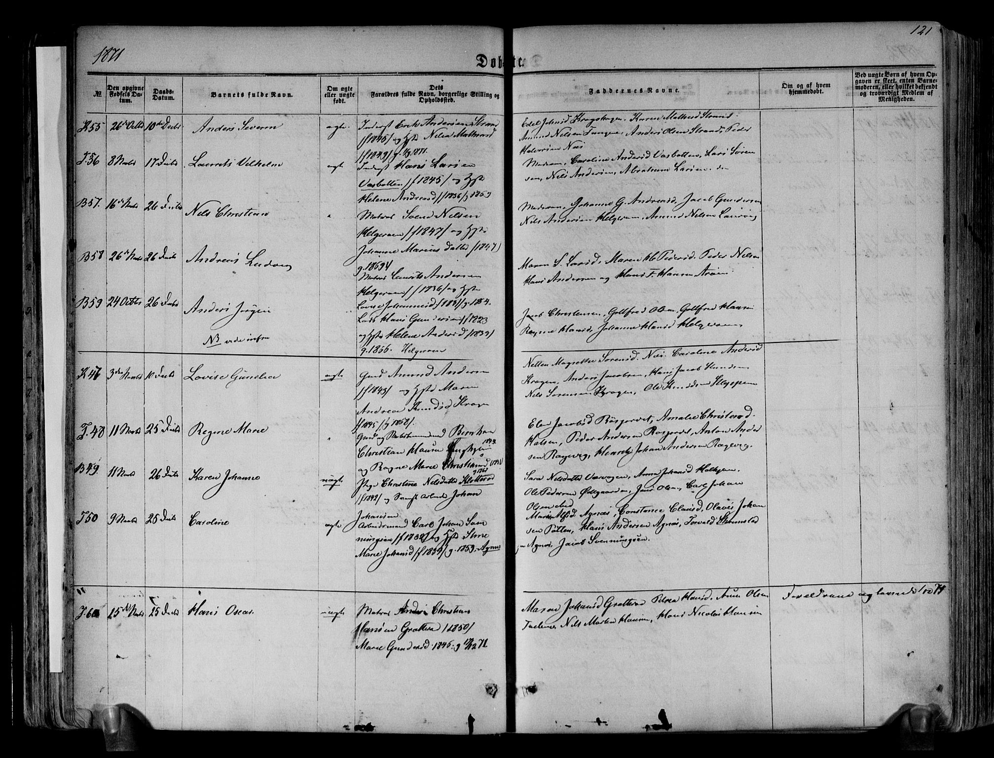 Brunlanes kirkebøker, AV/SAKO-A-342/F/Fa/L0005: Parish register (official) no. I 5, 1862-1877, p. 121