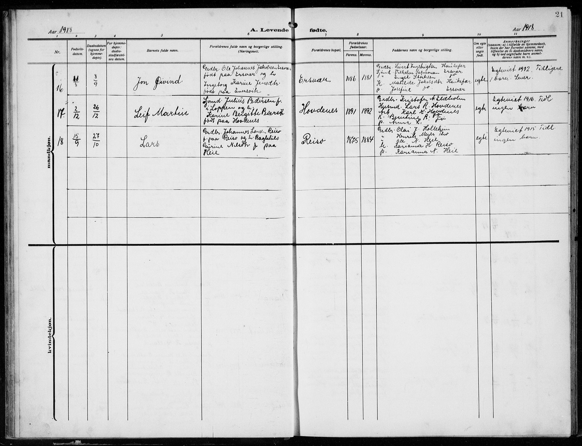 Tysnes sokneprestembete, SAB/A-78601/H/Hab: Parish register (copy) no. E  4, 1912-1936, p. 21
