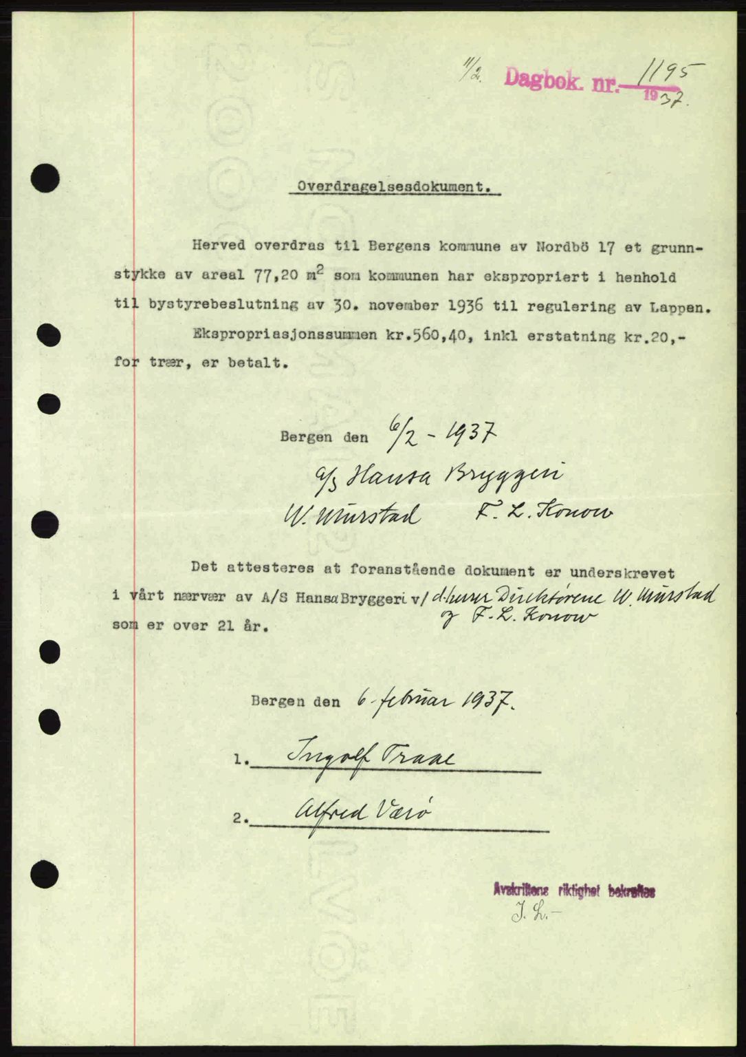 Byfogd og Byskriver i Bergen, SAB/A-3401/03/03Bc/L0004: Mortgage book no. A3-4, 1936-1937, Diary no: : 1195/1937
