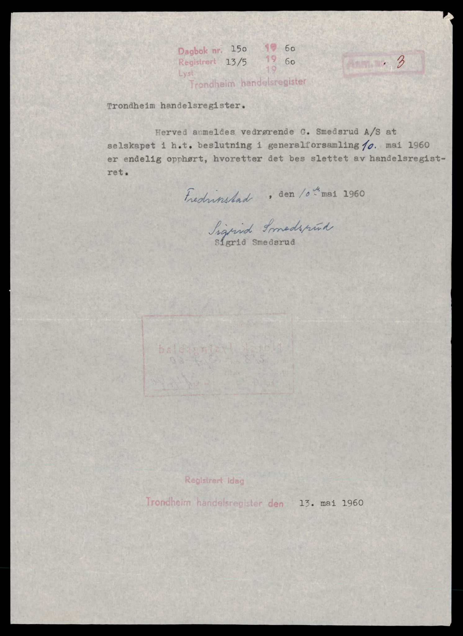 Trondheim byfogd, AV/SAT-A-0003/2/J/Jd/Jdb/L0010: Aksjeselskap, Sm-Th, 1960-1964, p. 3