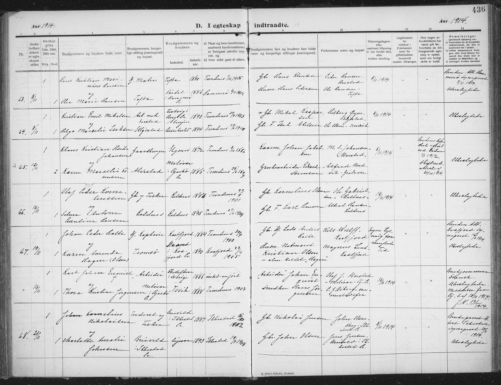 Trondenes sokneprestkontor, SATØ/S-1319/H/Ha/L0018kirke: Parish register (official) no. 18, 1909-1918, p. 436