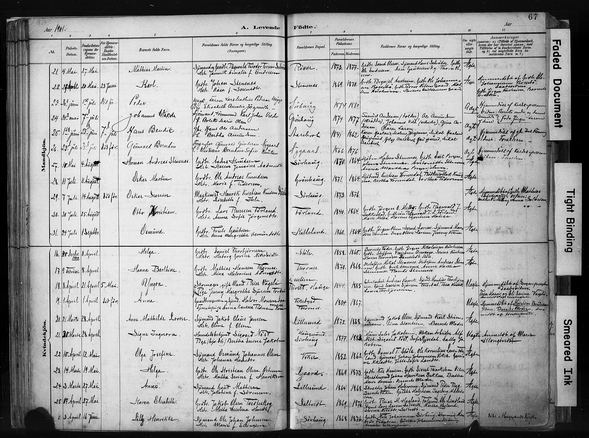 Haugesund sokneprestkontor, AV/SAST-A -101863/H/Ha/Haa/L0004: Parish register (official) no. A 4, 1886-1908, p. 67