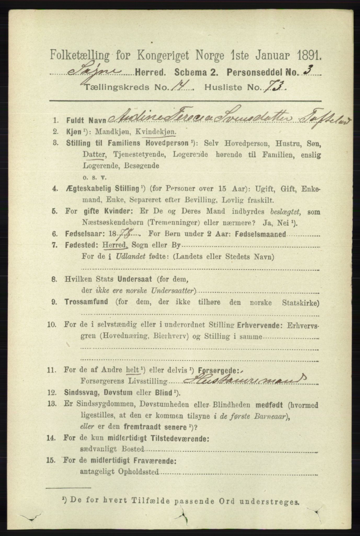 RA, 1891 census for 1018 Søgne, 1891, p. 3784