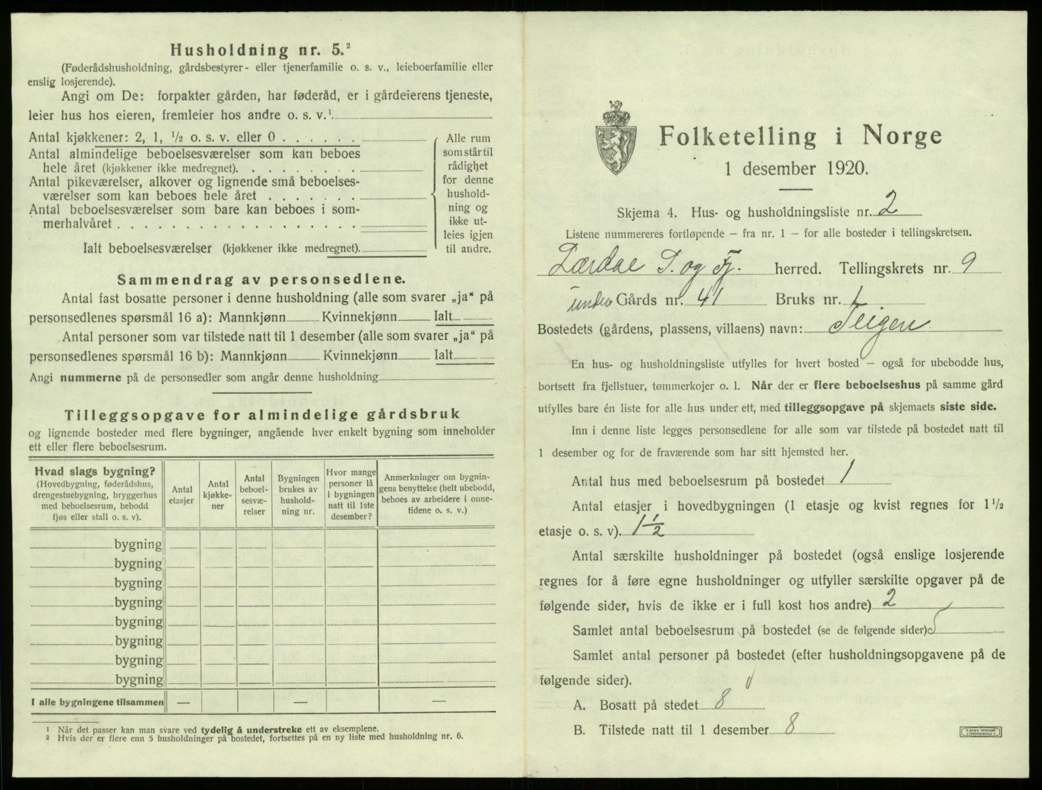 SAB, 1920 census for Lærdal, 1920, p. 771