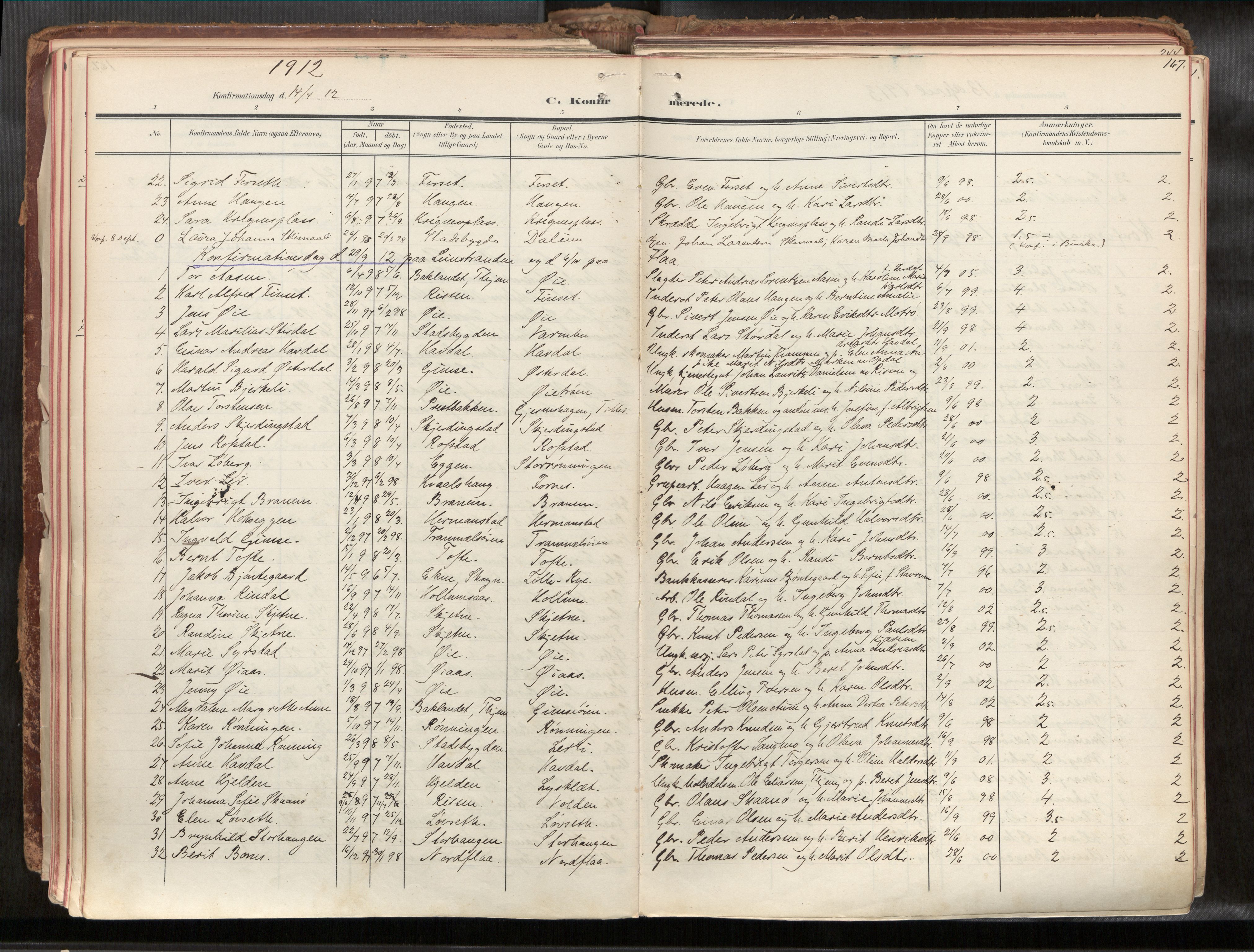 Ministerialprotokoller, klokkerbøker og fødselsregistre - Sør-Trøndelag, SAT/A-1456/691/L1085b: Parish register (official) no. 691A18, 1908-1930, p. 167