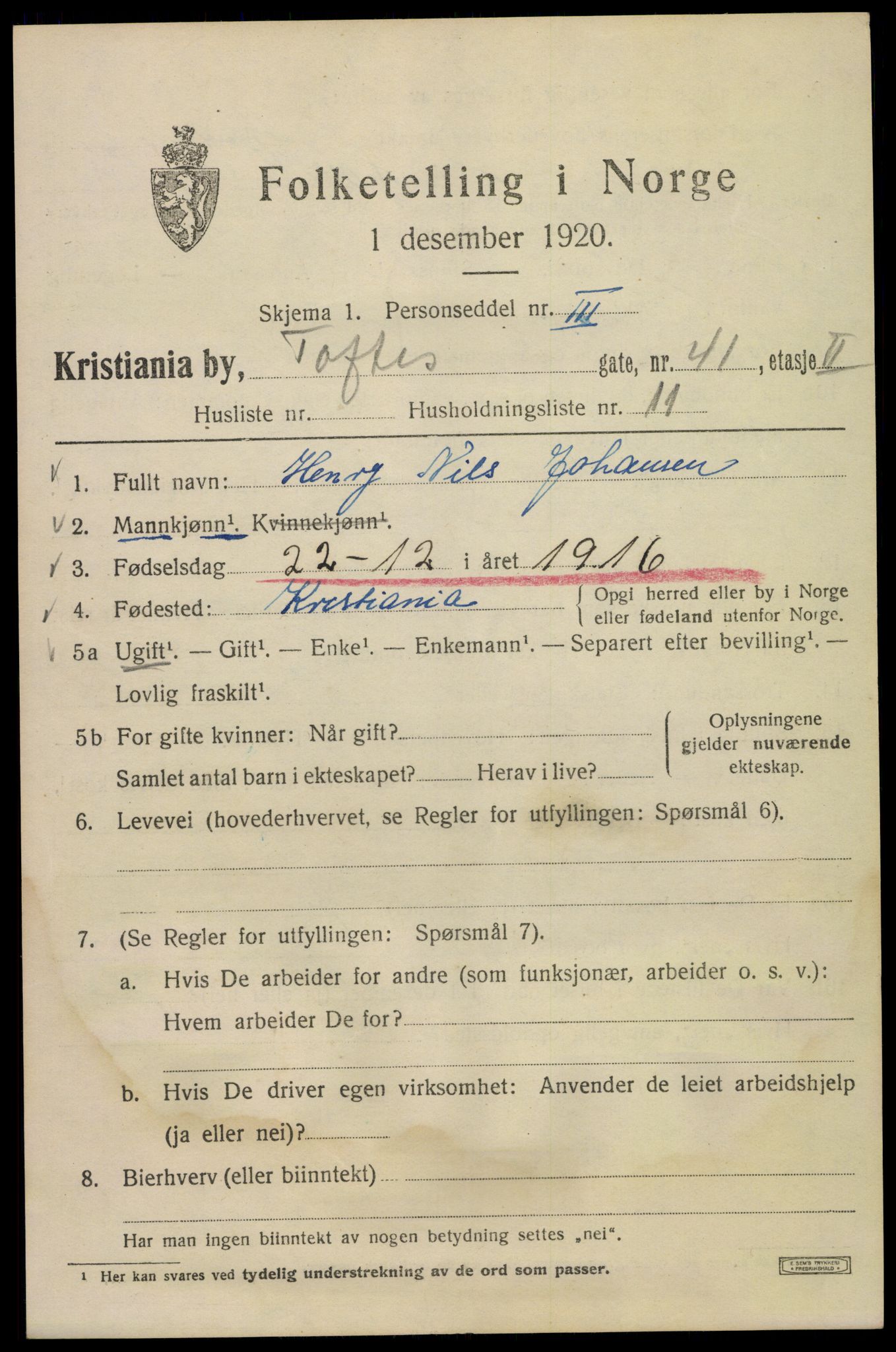 SAO, 1920 census for Kristiania, 1920, p. 585037