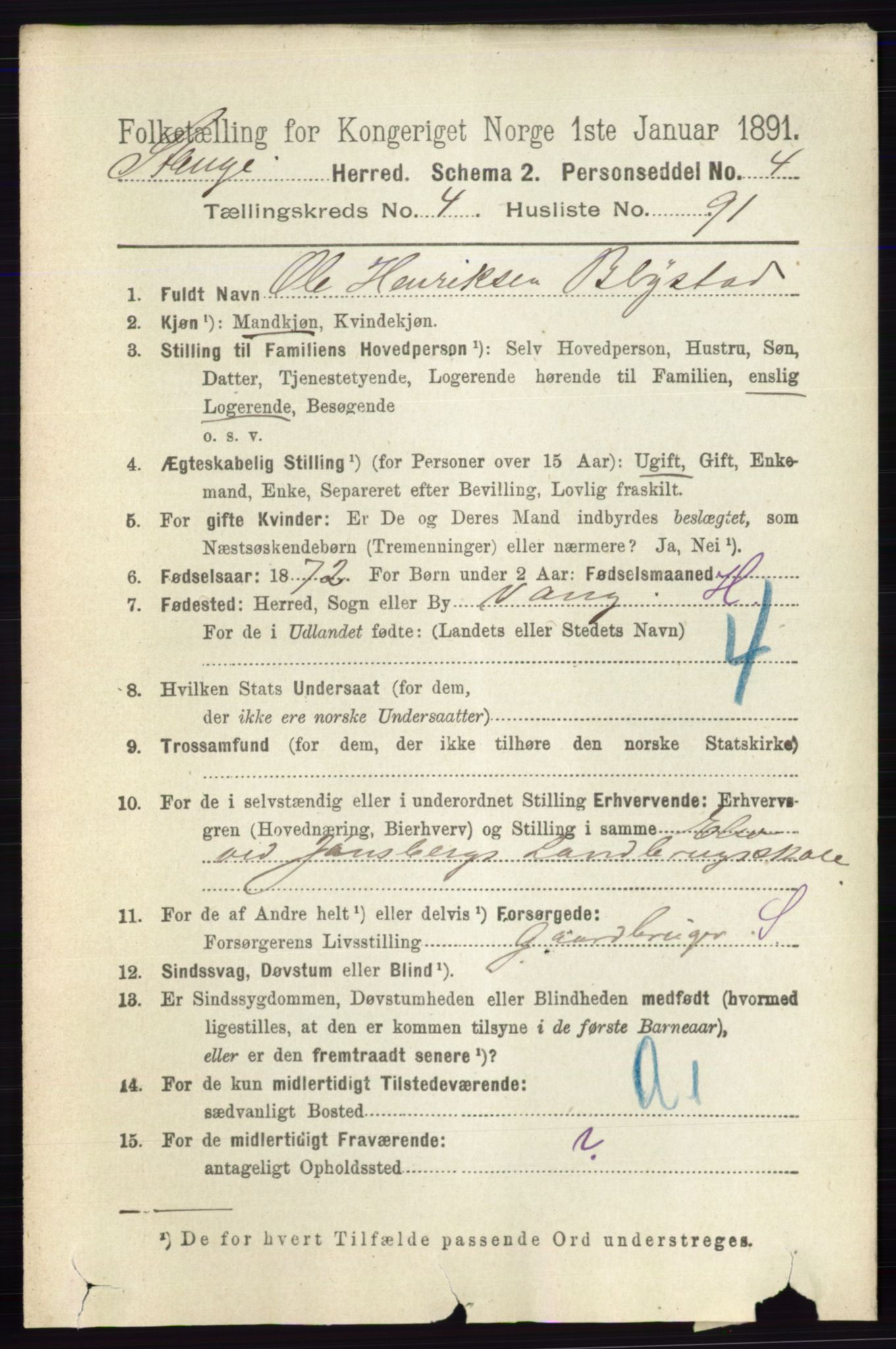 RA, 1891 census for 0417 Stange, 1891, p. 2983