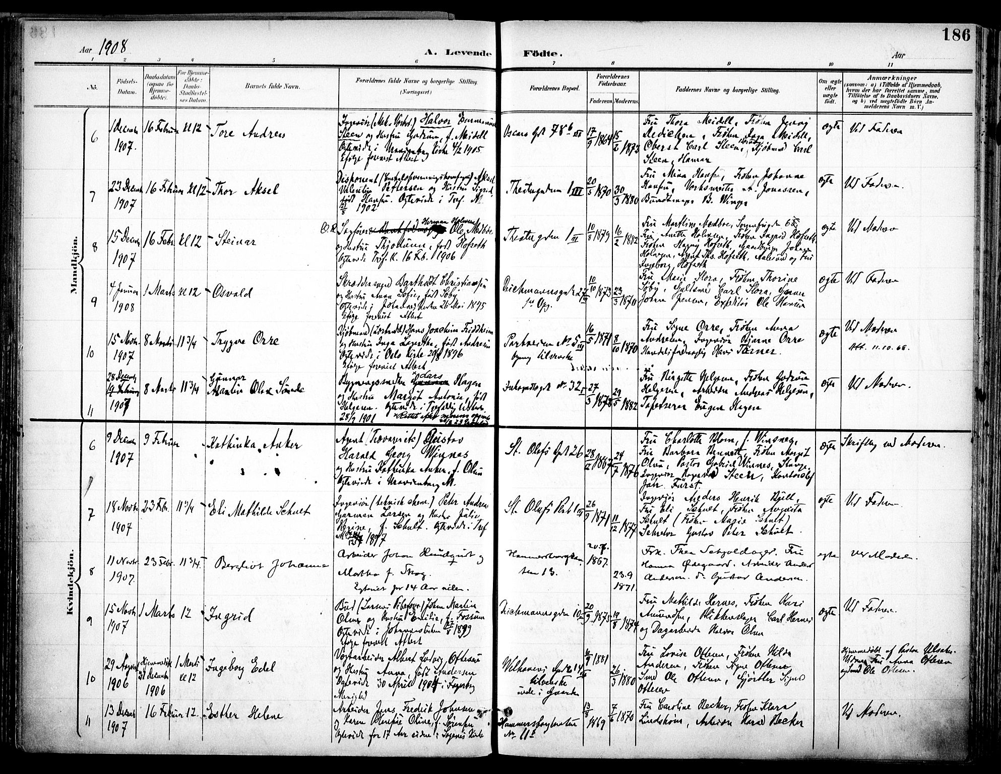 Trefoldighet prestekontor Kirkebøker, SAO/A-10882/F/Fa/L0007: Parish register (official) no. I 7, 1900-1914, p. 186