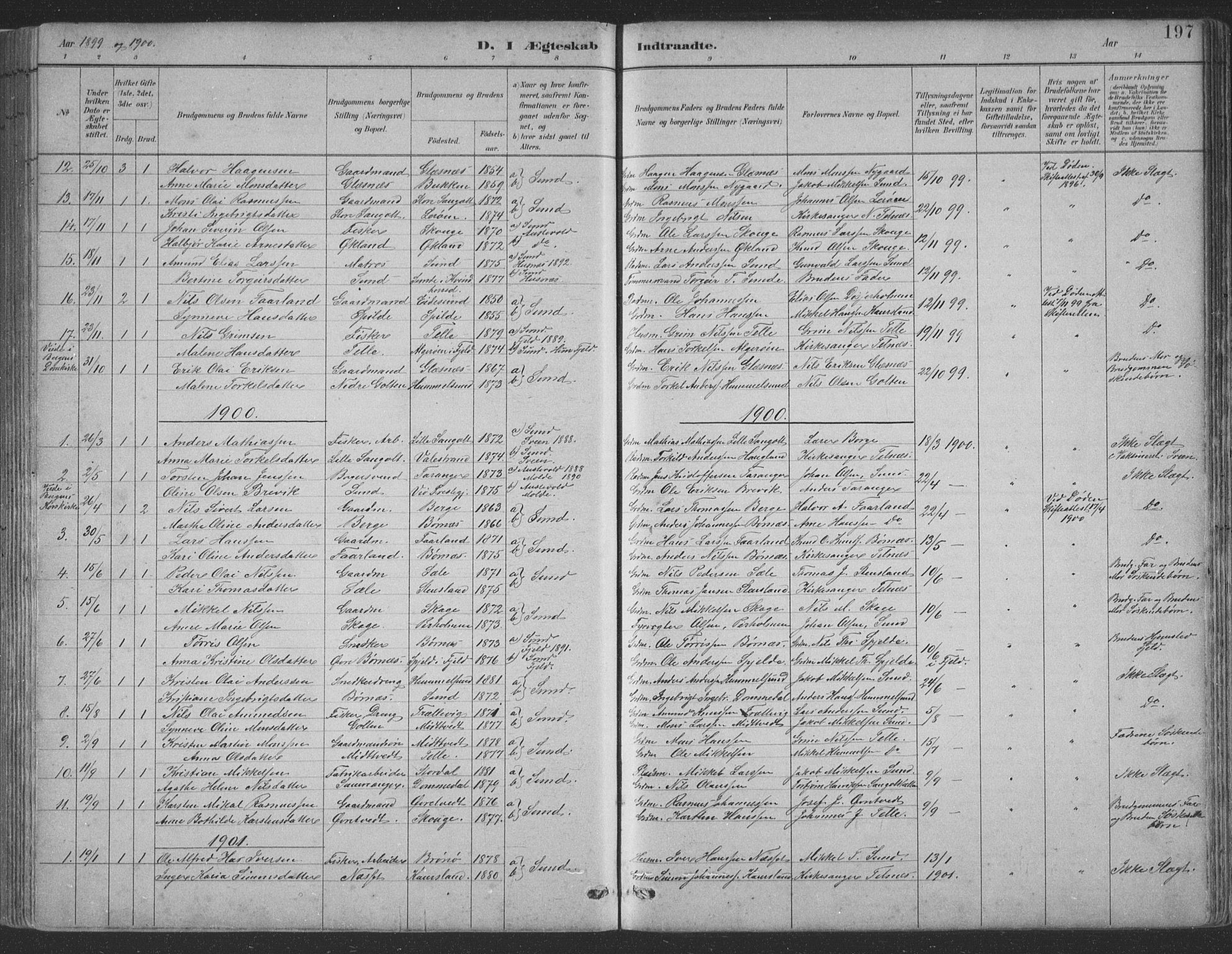 Sund sokneprestembete, SAB/A-99930: Parish register (copy) no. B 3, 1882-1911, p. 197
