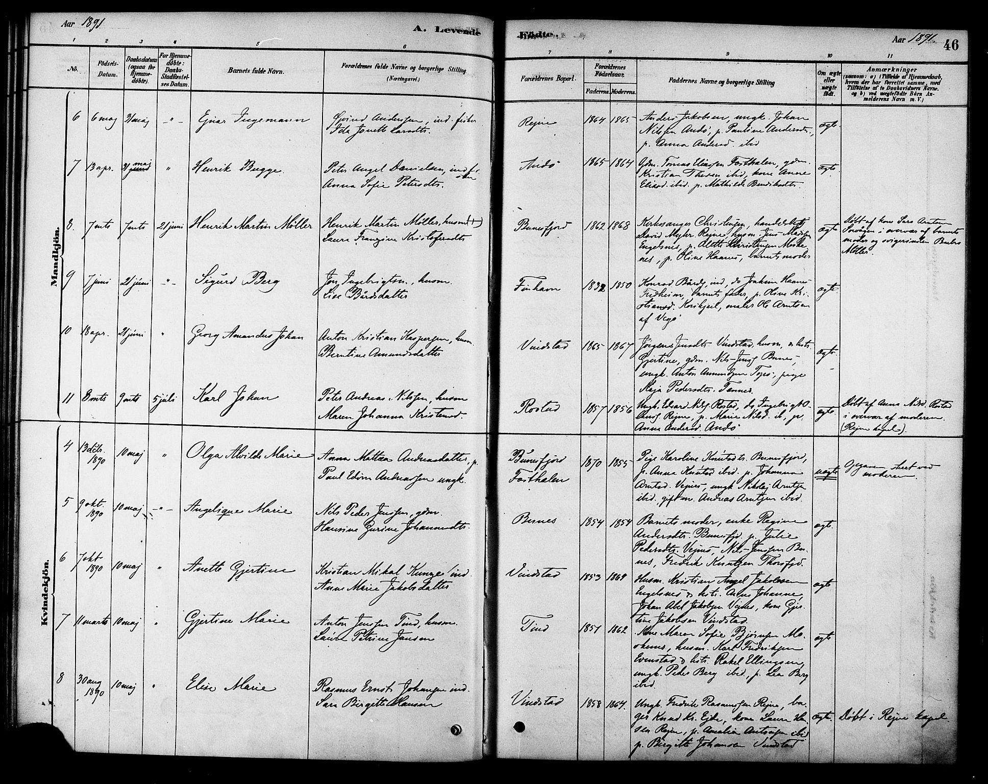 Ministerialprotokoller, klokkerbøker og fødselsregistre - Nordland, AV/SAT-A-1459/886/L1219: Parish register (official) no. 886A01, 1878-1892, p. 46