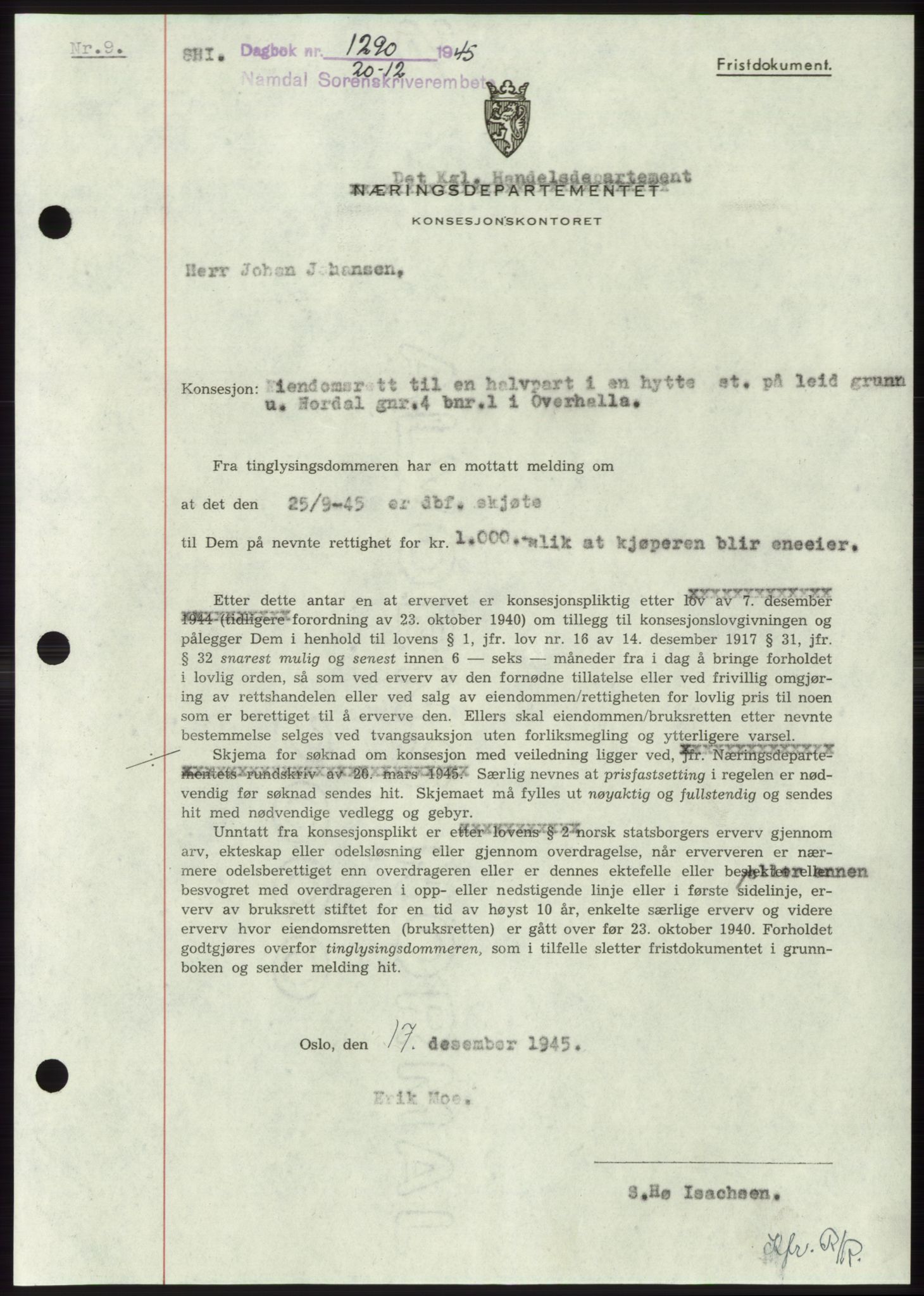 Namdal sorenskriveri, SAT/A-4133/1/2/2C: Mortgage book no. -, 1944-1945, Diary no: : 1290/1945