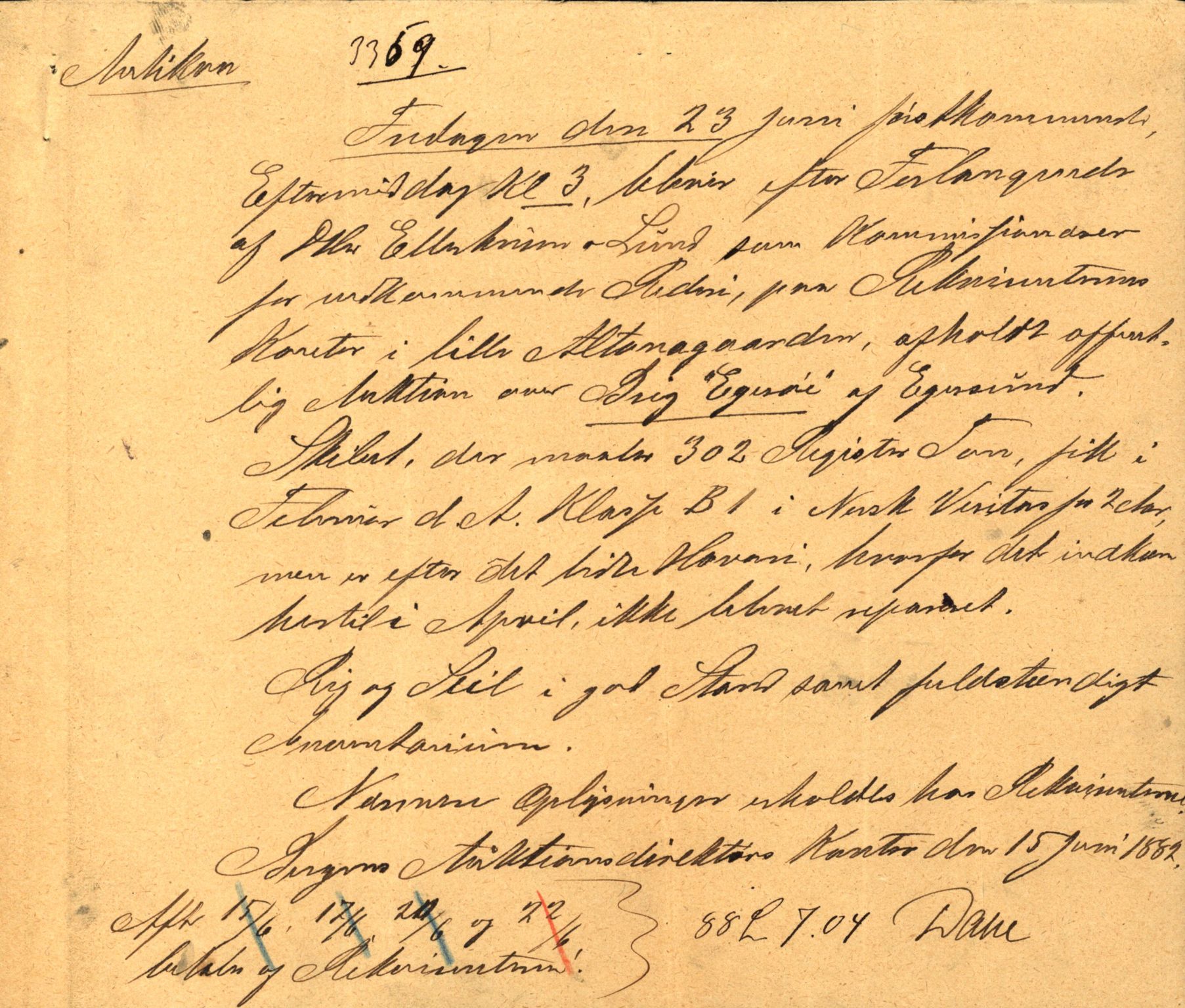 Pa 63 - Østlandske skibsassuranceforening, VEMU/A-1079/G/Ga/L0015/0003: Havaridokumenter / Egerøen, 1882