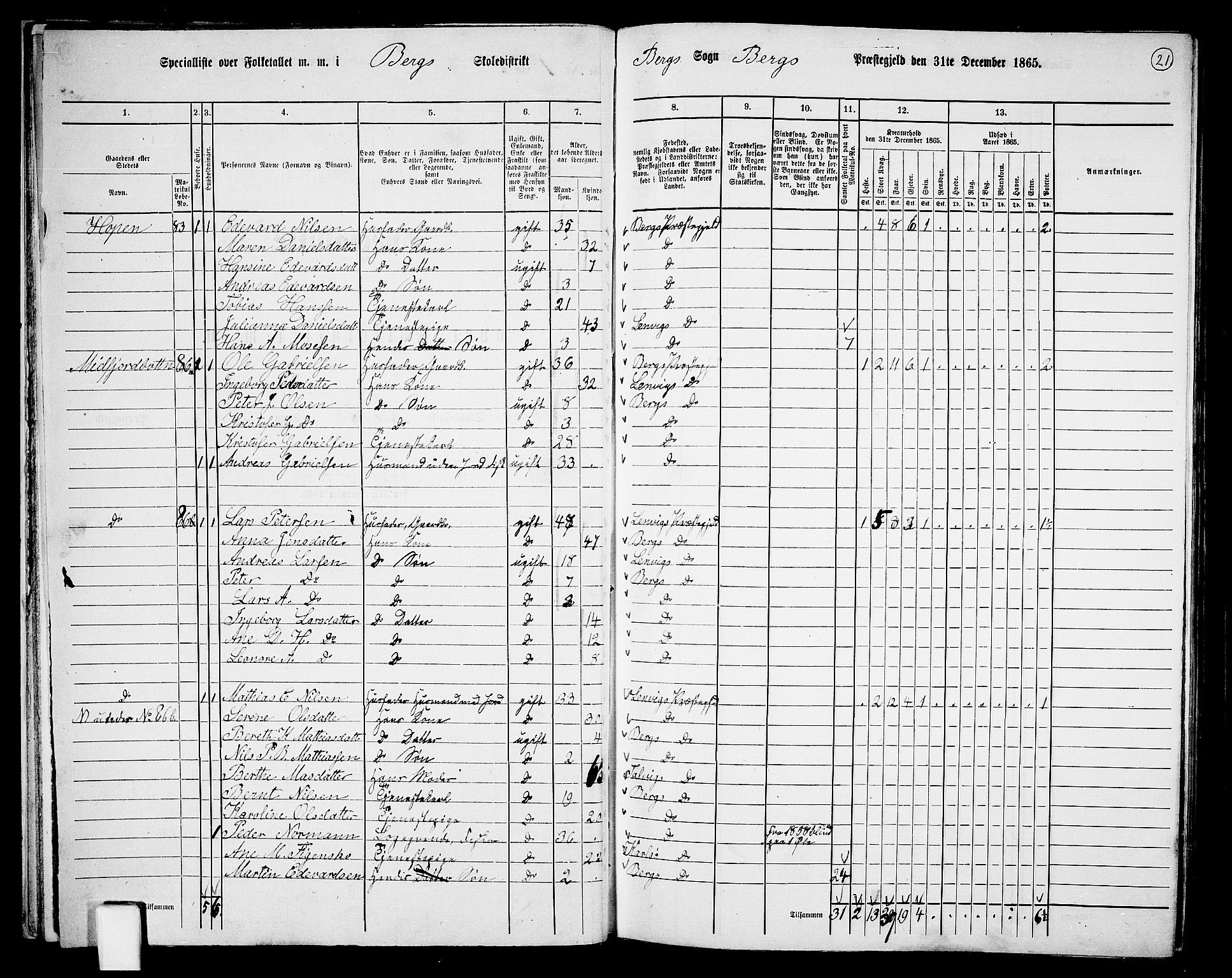 RA, 1865 census for Berg, 1865, p. 22