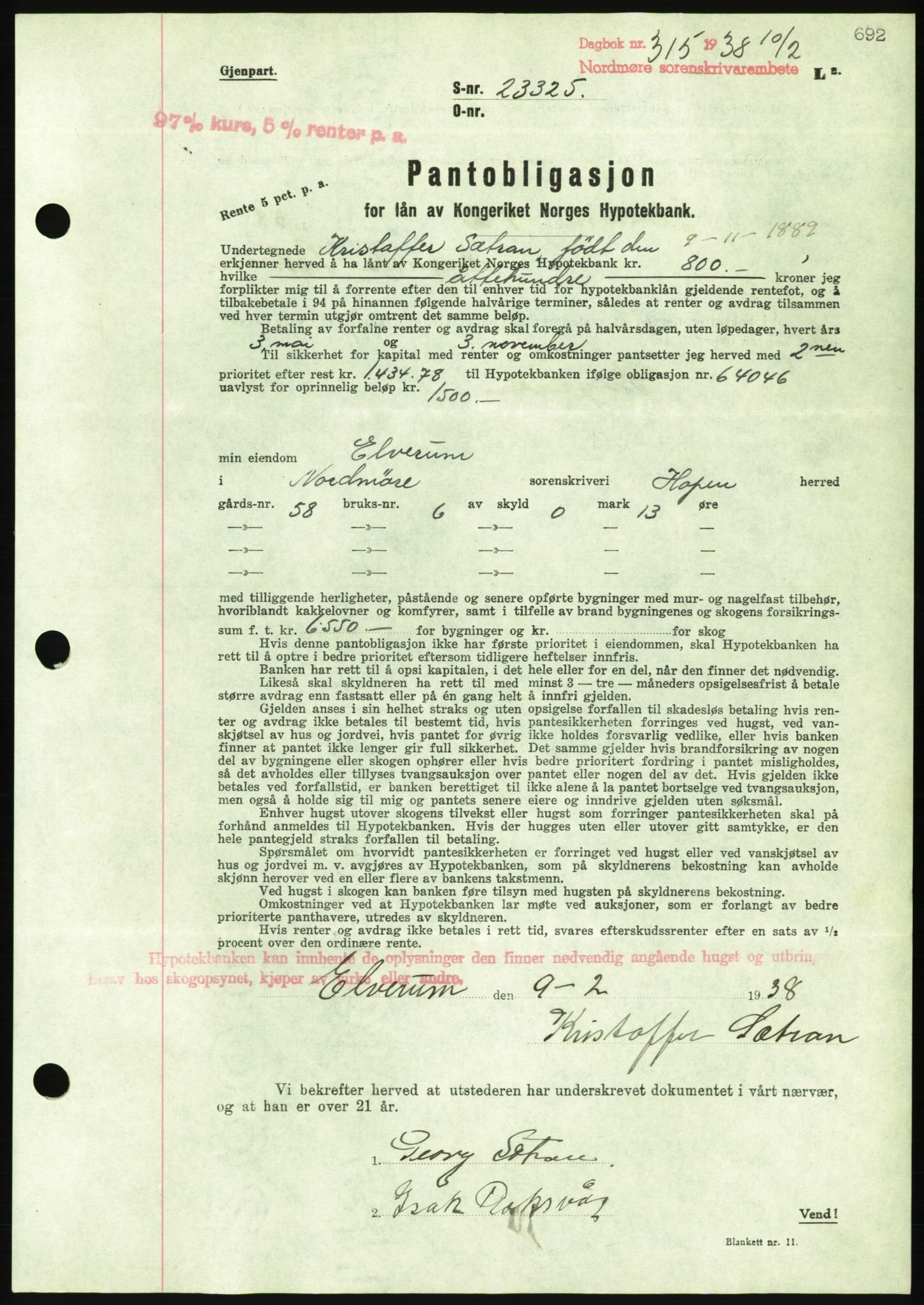 Nordmøre sorenskriveri, AV/SAT-A-4132/1/2/2Ca/L0092: Mortgage book no. B82, 1937-1938, Diary no: : 315/1938