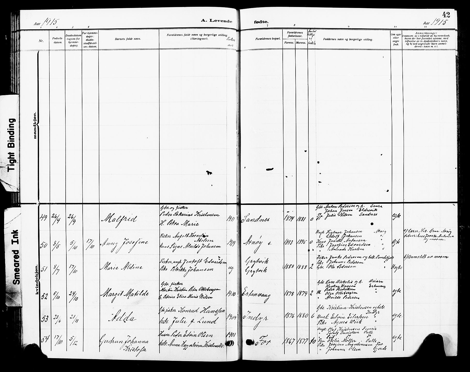 Ministerialprotokoller, klokkerbøker og fødselsregistre - Nordland, AV/SAT-A-1459/805/L0110: Parish register (copy) no. 805C06, 1909-1924, p. 42