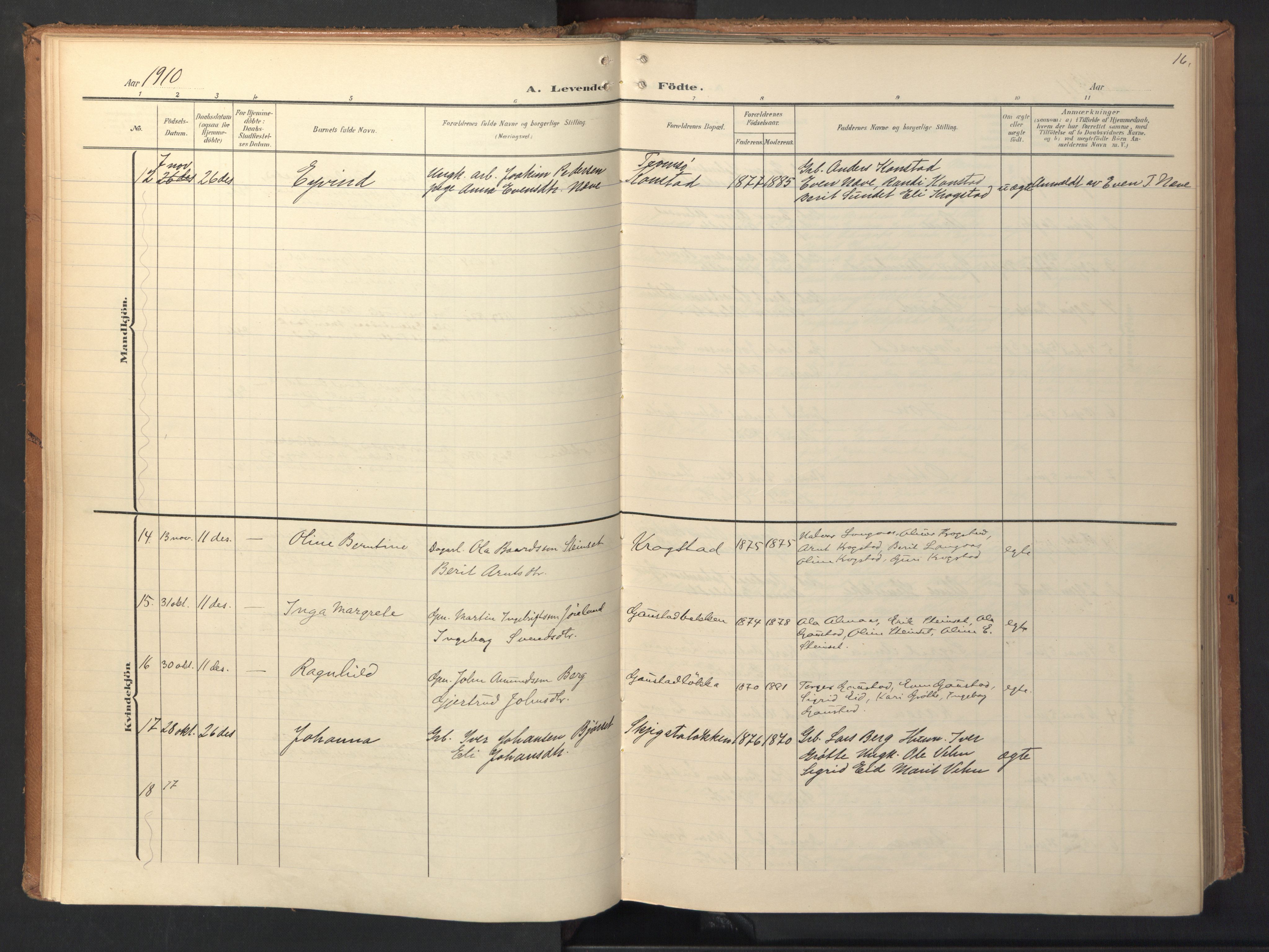 Ministerialprotokoller, klokkerbøker og fødselsregistre - Sør-Trøndelag, SAT/A-1456/694/L1128: Parish register (official) no. 694A02, 1906-1931, p. 16