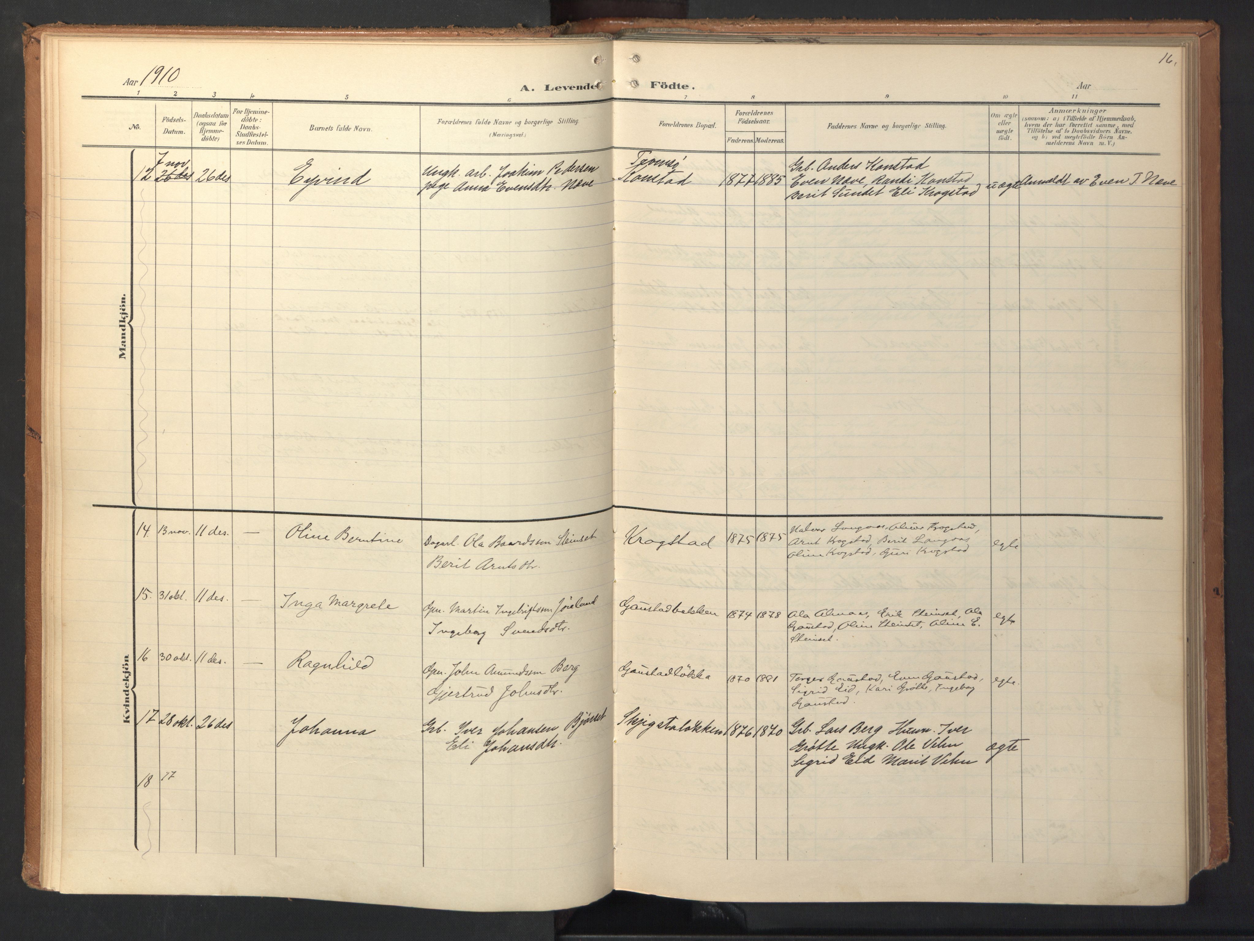 Ministerialprotokoller, klokkerbøker og fødselsregistre - Sør-Trøndelag, AV/SAT-A-1456/694/L1128: Parish register (official) no. 694A02, 1906-1931, p. 16