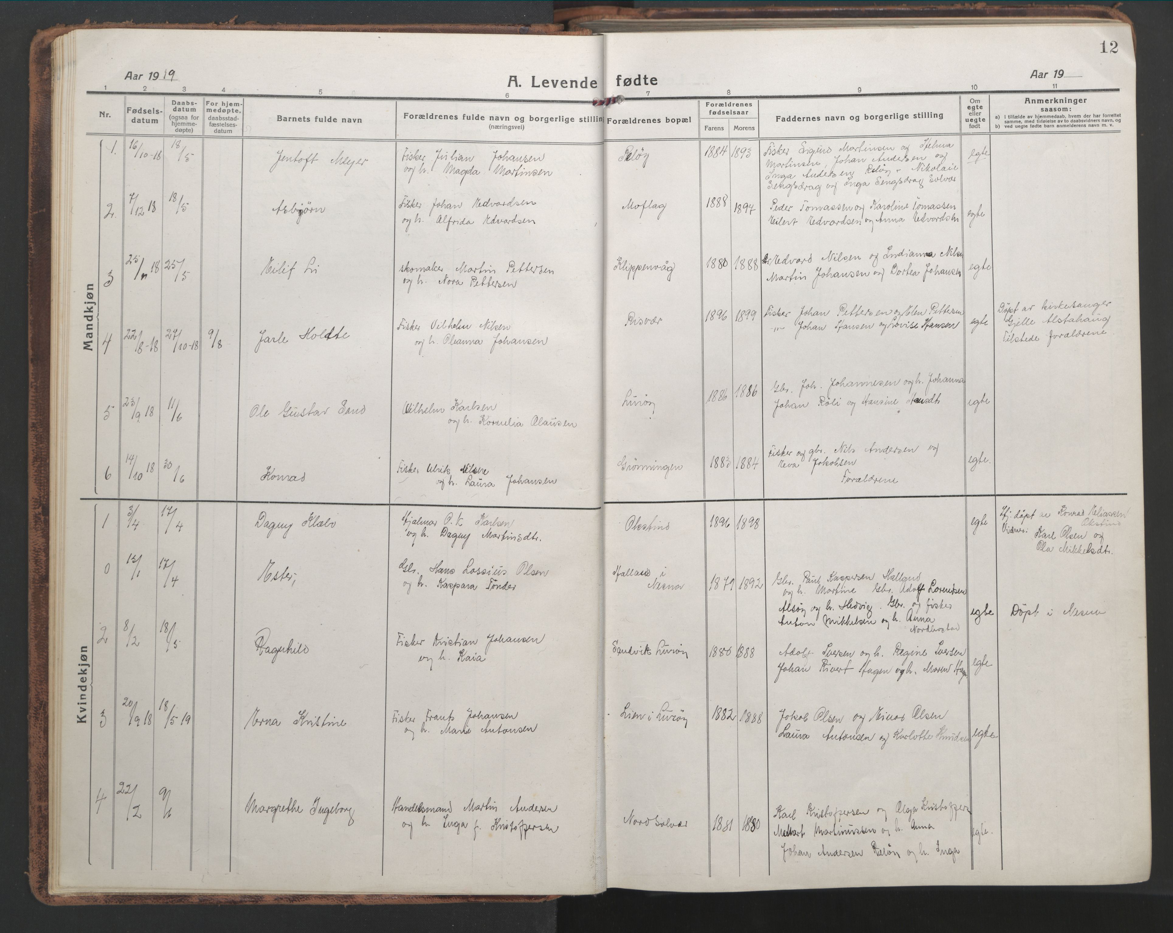 Ministerialprotokoller, klokkerbøker og fødselsregistre - Nordland, AV/SAT-A-1459/839/L0574: Parish register (copy) no. 839C04, 1918-1950, p. 12