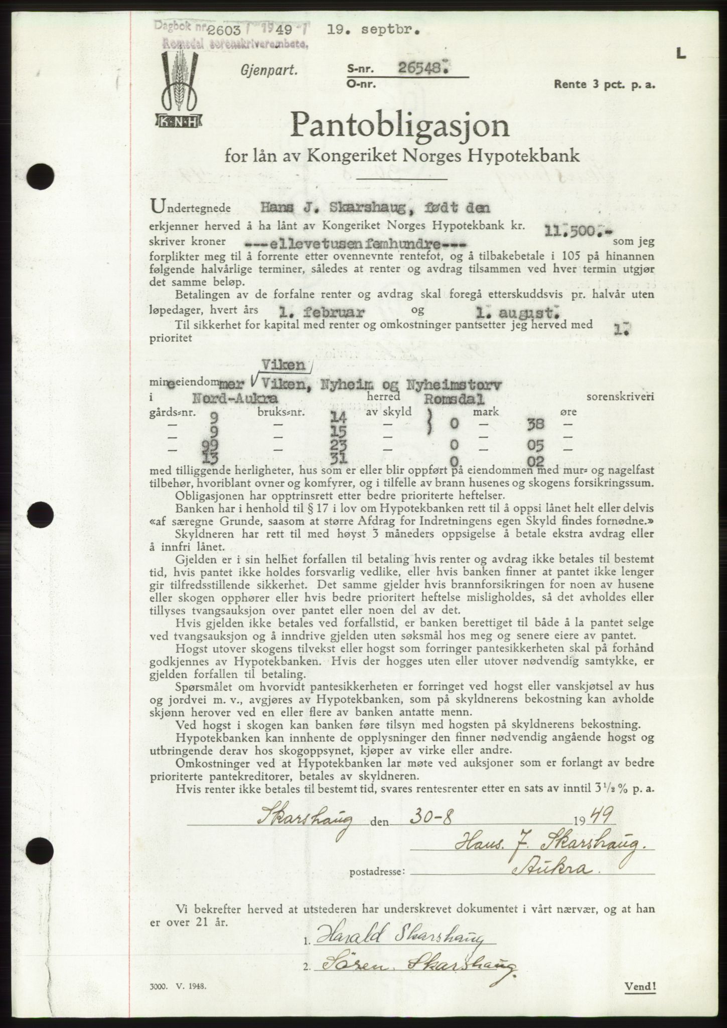 Romsdal sorenskriveri, AV/SAT-A-4149/1/2/2C: Mortgage book no. B4, 1948-1949, Diary no: : 2603/1949